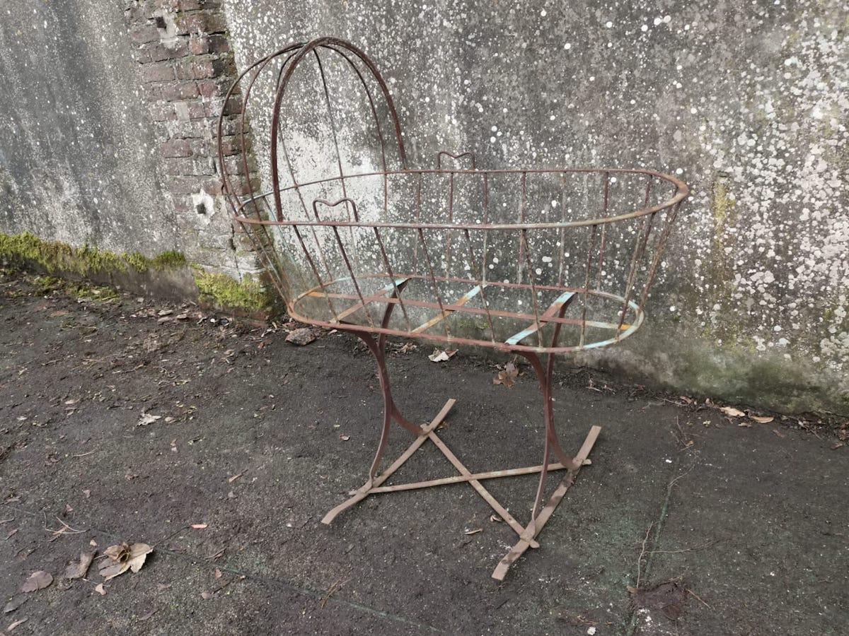 Hand-Crafted French Art Deco Decorative Iron Cot or Cradle with Canopy on Gentle Rockers For Sale