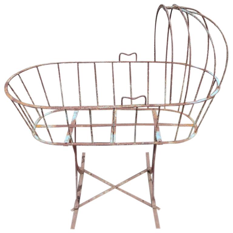 French Art Deco Decorative Iron Cot or Cradle with Canopy on Gentle Rockers