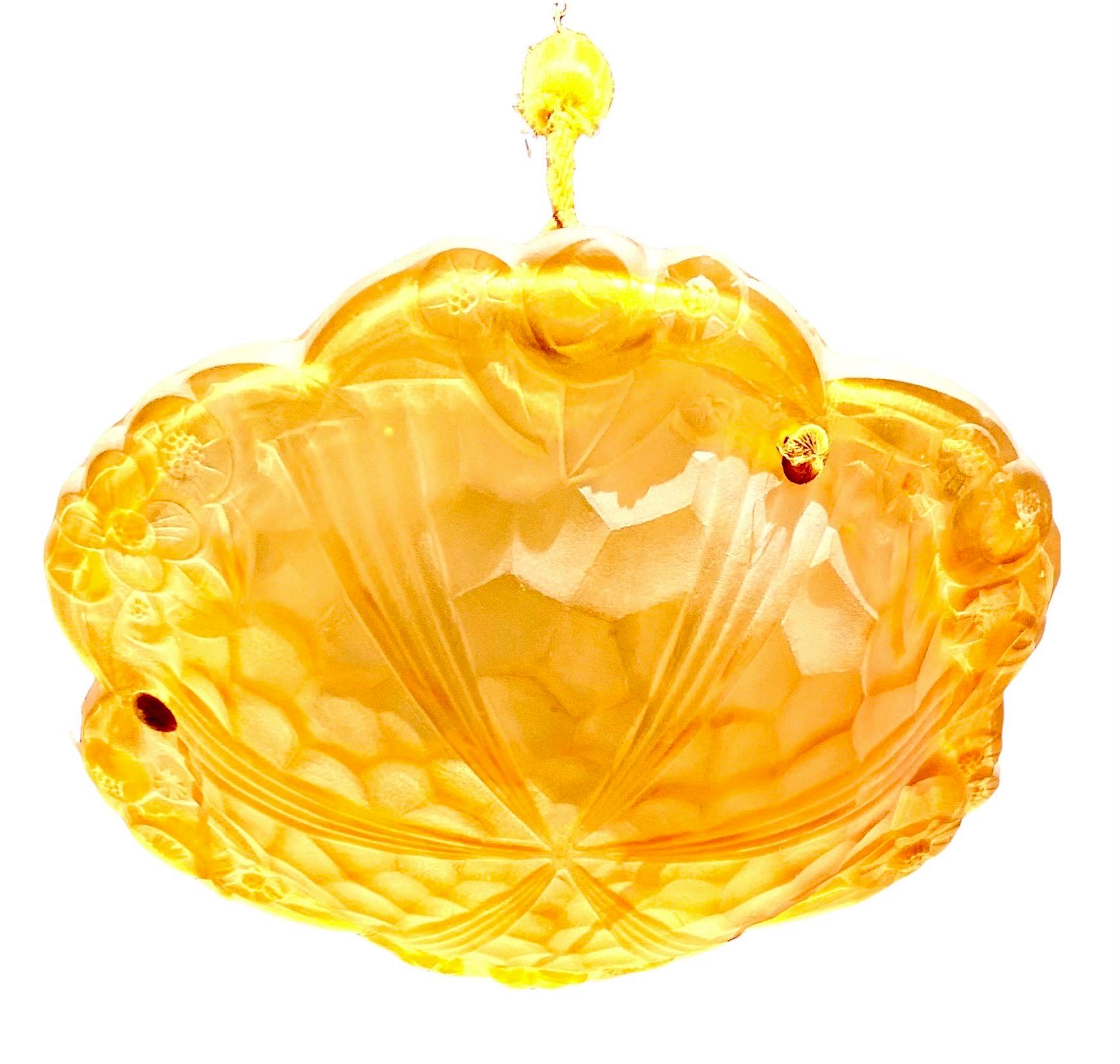 French Art Deco, Degue' Topaz Glass Pendant Chandelier In Good Condition In New Orleans, LA
