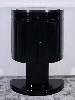French Art Deco Demi-Lune Bar Cabinet in Black Lacquer with Marble Top, 1930s
