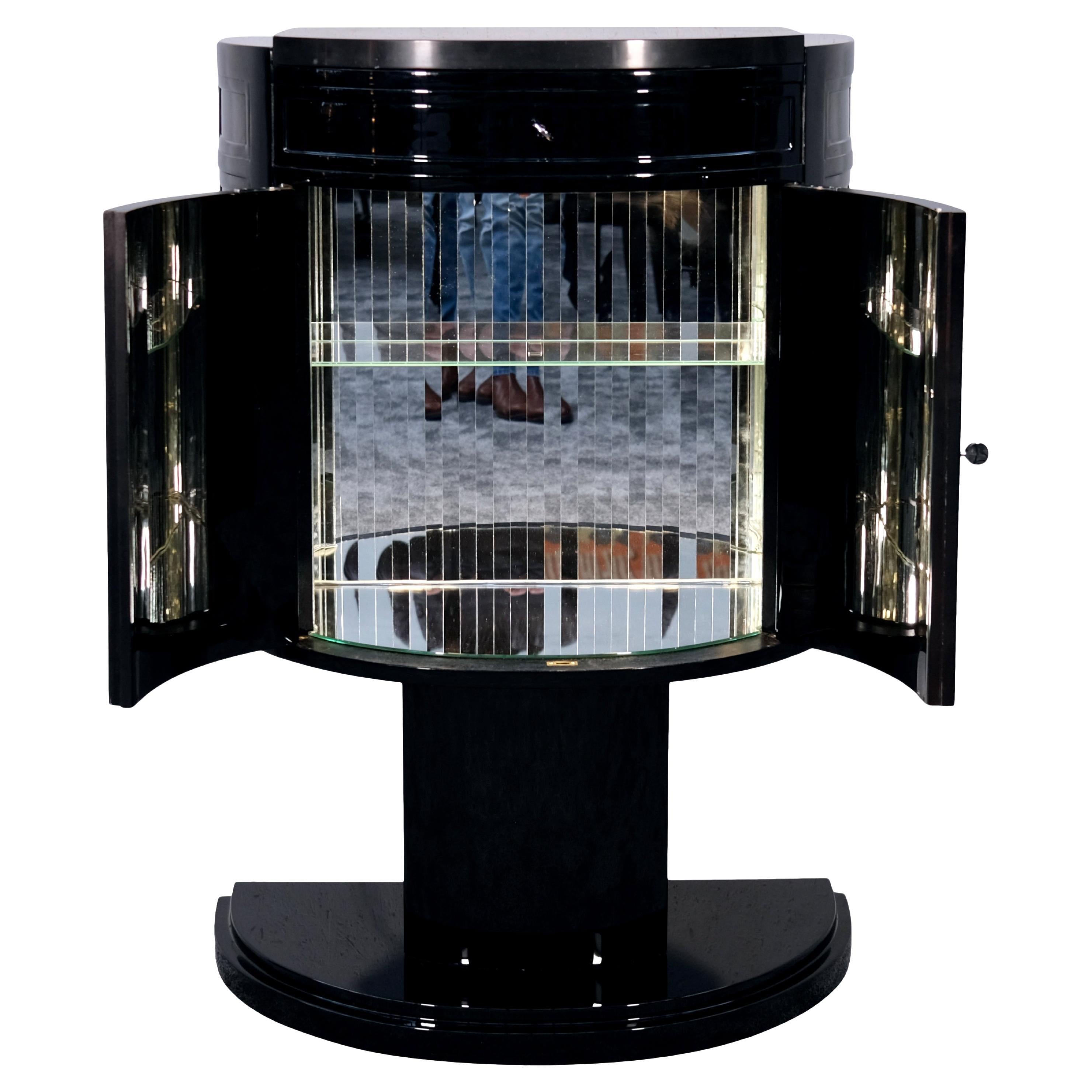 French Art Deco Demi-Lune Bar Cabinet in Black Lacquer with Marble Top, 1930s