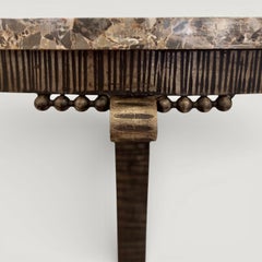 French Art Deco Demi Lune Wrought Iron Console with Brown and Beige Marble Top