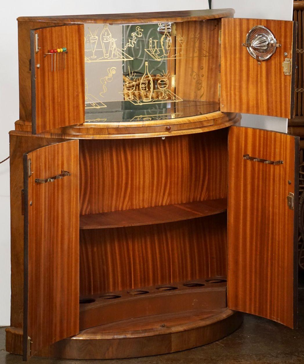 Metal French Art Deco Demilune Bar or Cocktail Cabinet of Walnut