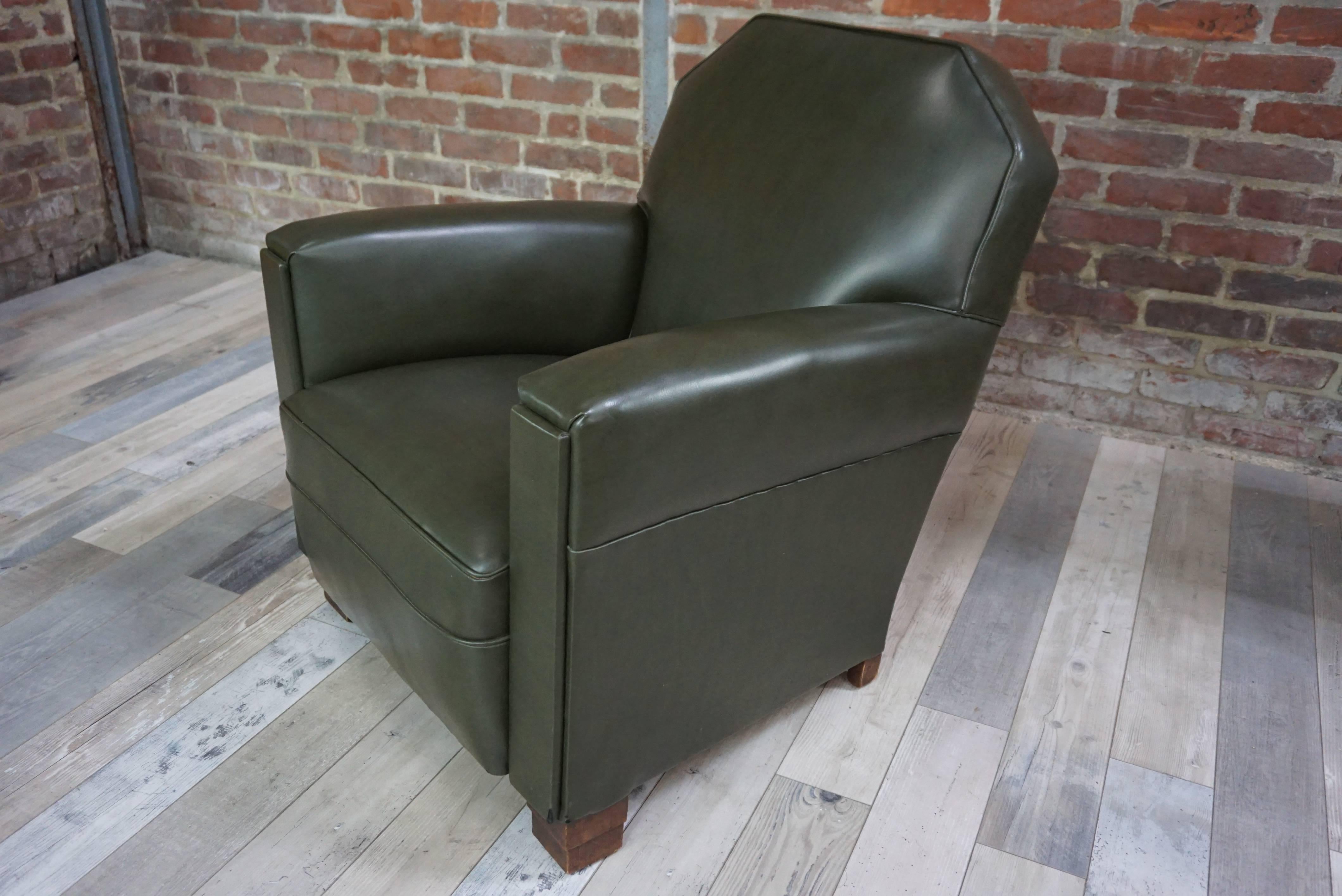 French Art Deco Design 1940s Green Forest Faux Leather and Wood Armchair For Sale 5