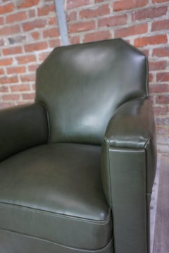 French Art Deco Design 1940s Green Forest Faux Leather and Wood Armchair