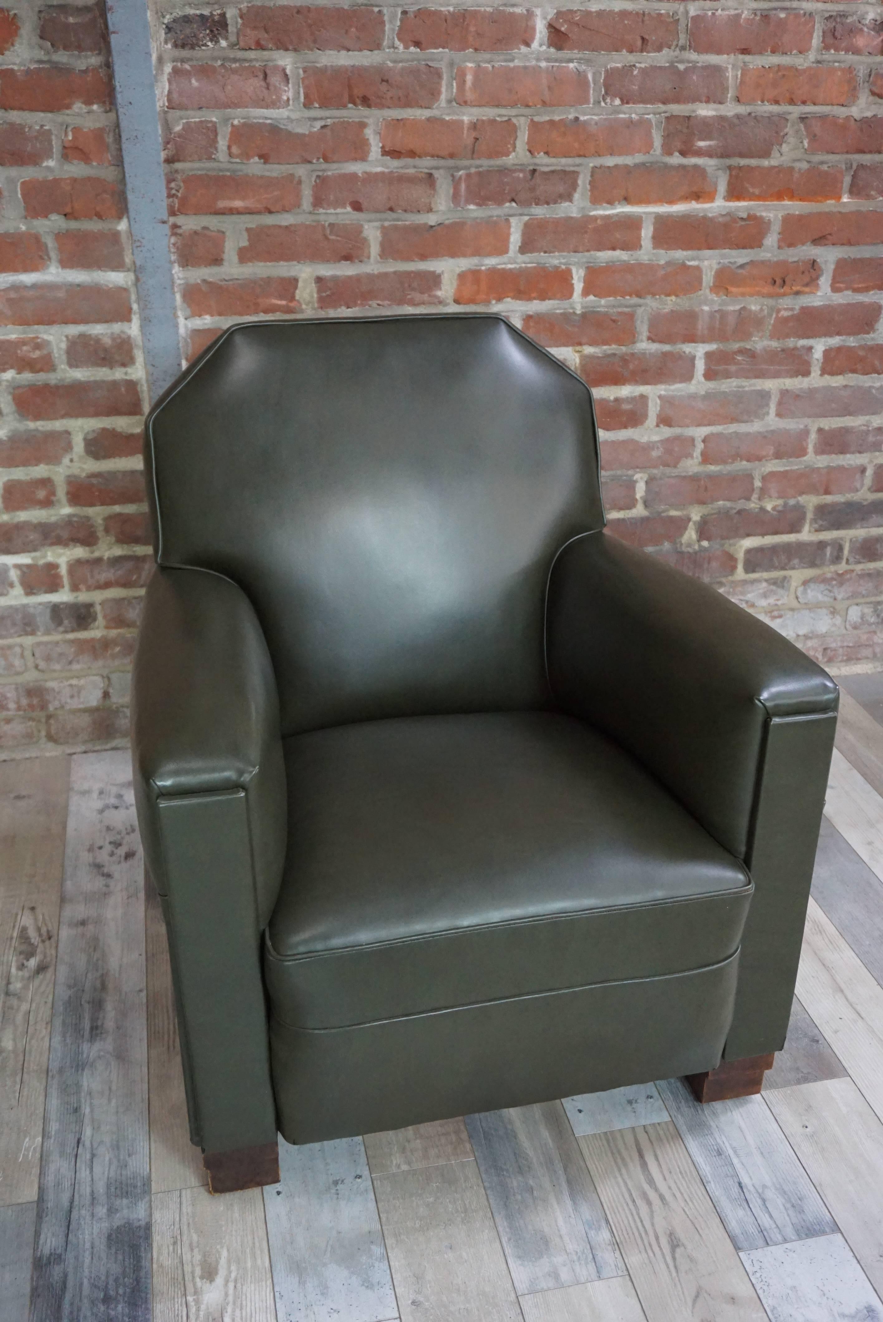 Mid-20th Century French Art Deco Design 1940s Green Forest Faux Leather and Wood Armchair For Sale