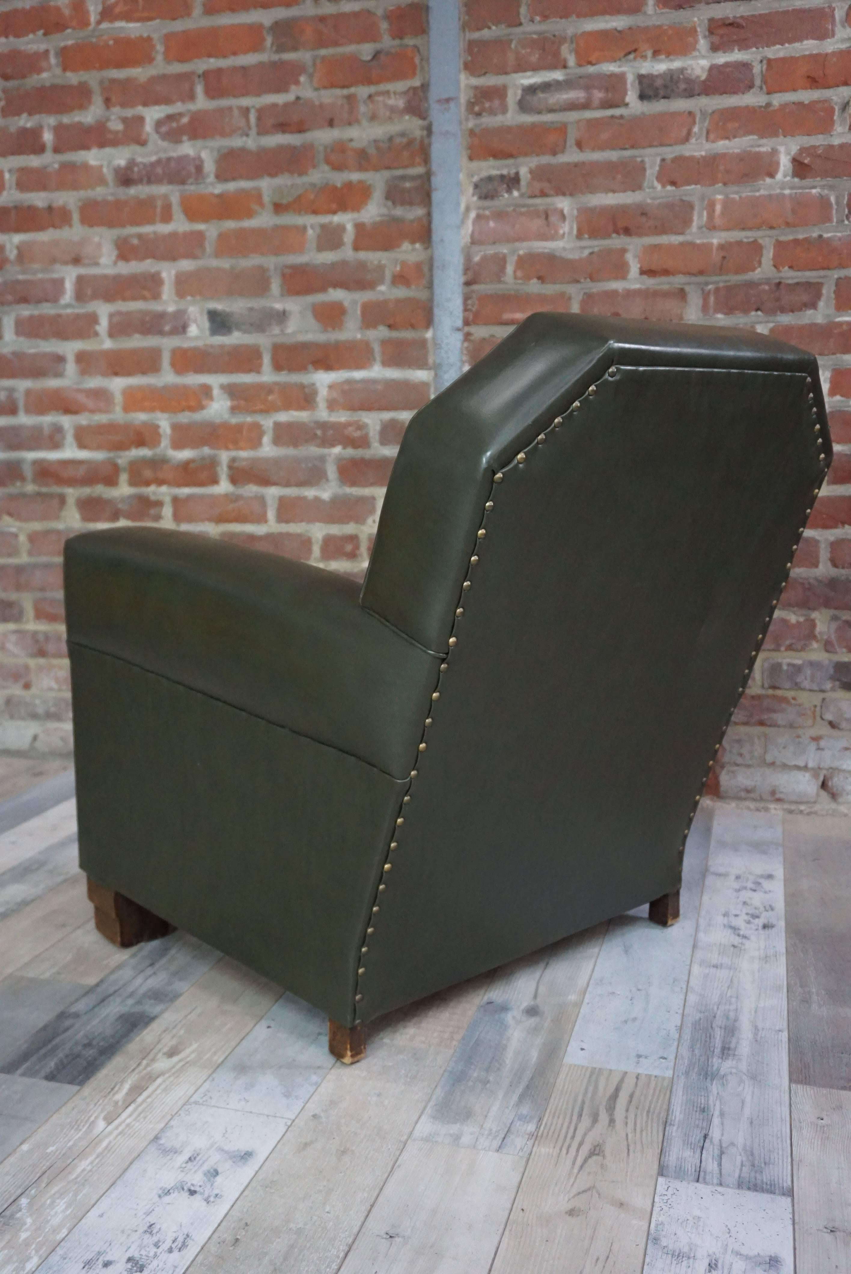 French Art Deco Design 1940s Green Forest Faux Leather and Wood Armchair For Sale 2