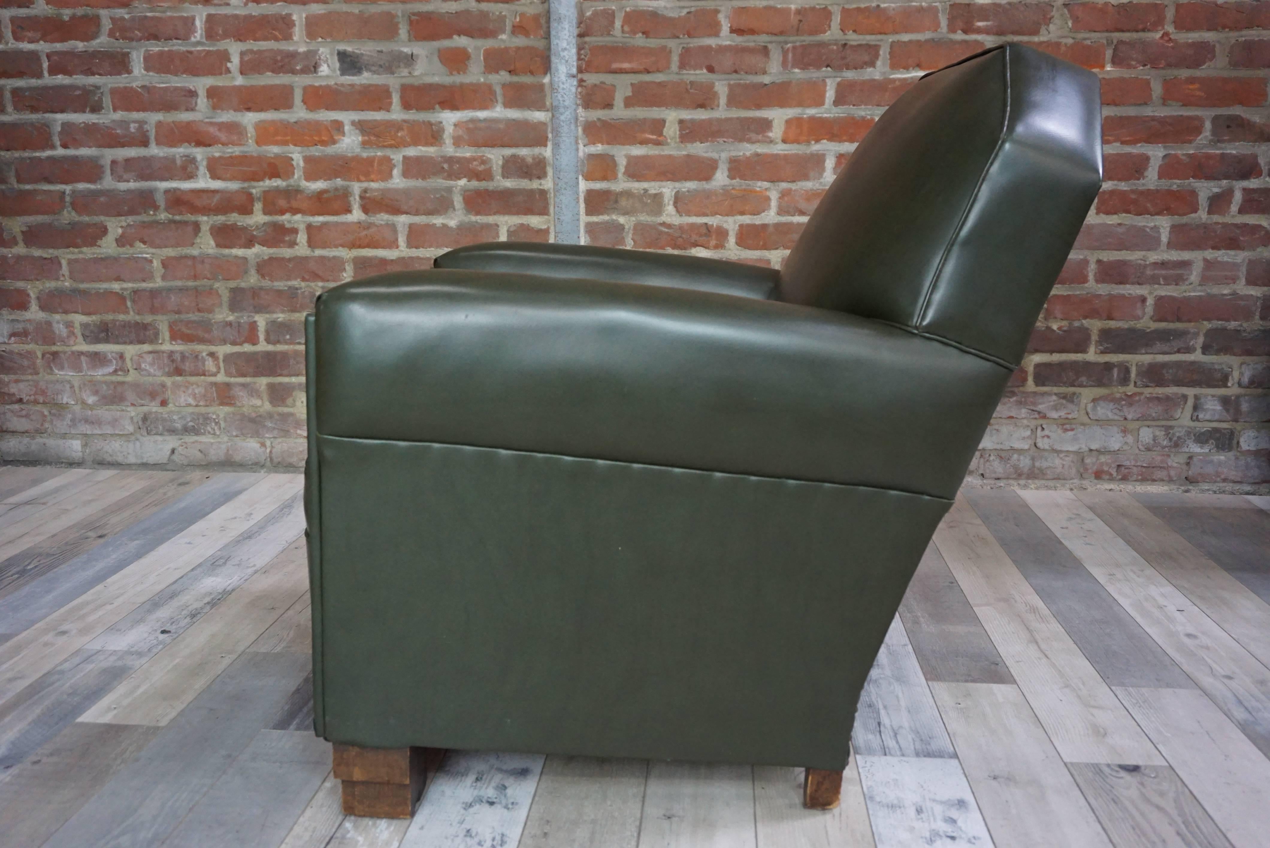 French Art Deco Design 1940s Green Forest Faux Leather and Wood Armchair For Sale 4