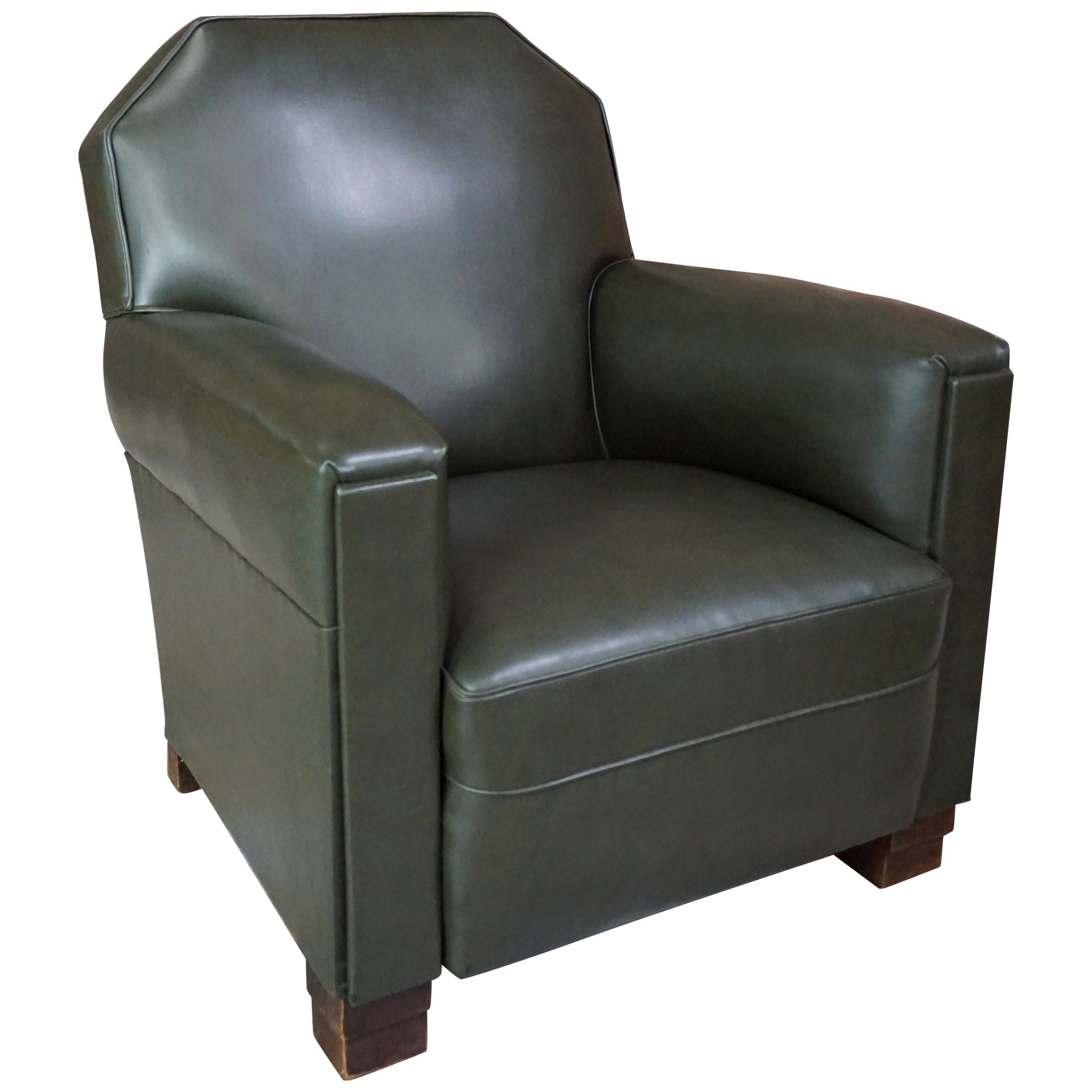 French Art Deco Design 1940s Green Forest Faux Leather and Wood Armchair