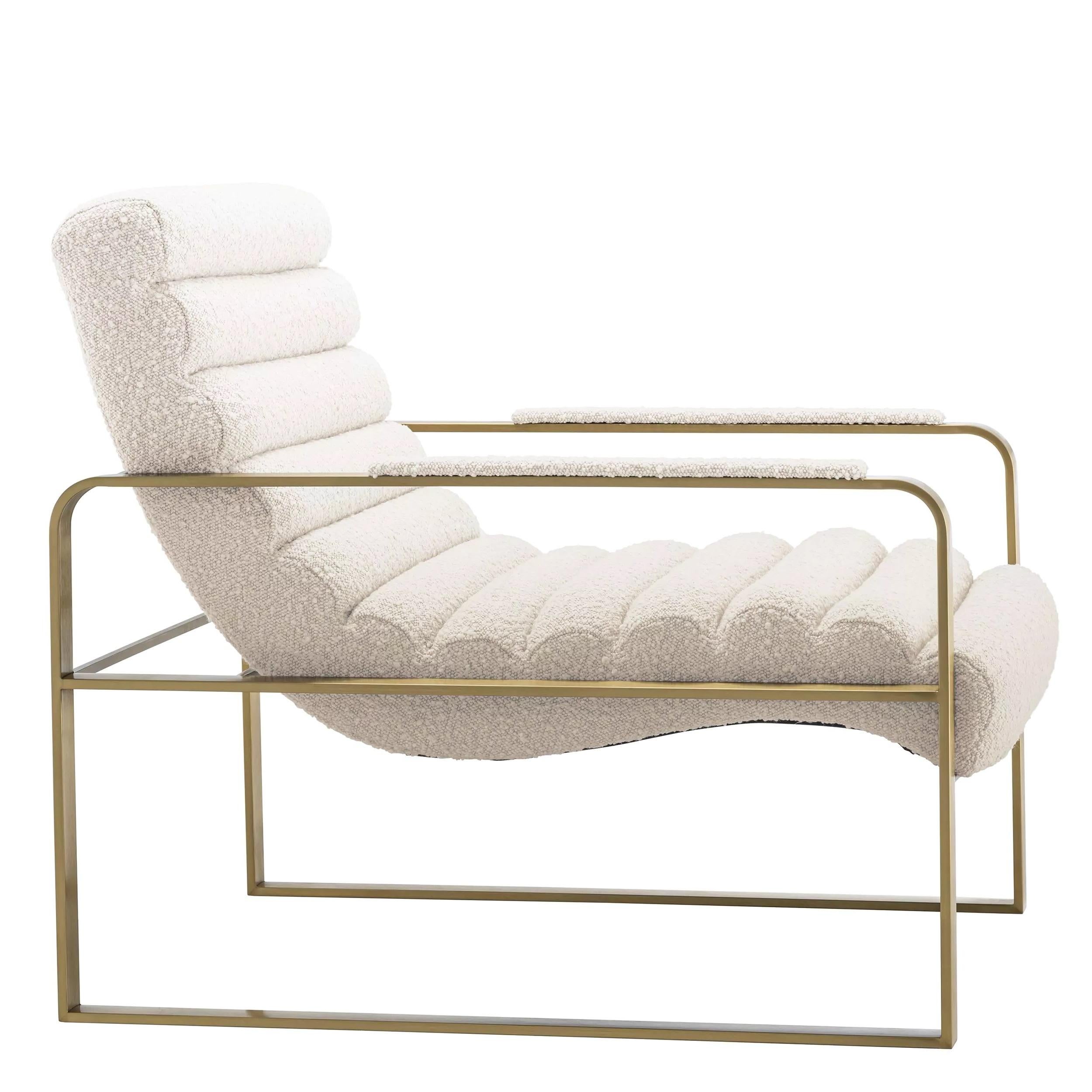 Stainless Steel French Art Deco Design and Bauhaus Style Beige Bouclé Fabric Armchair For Sale