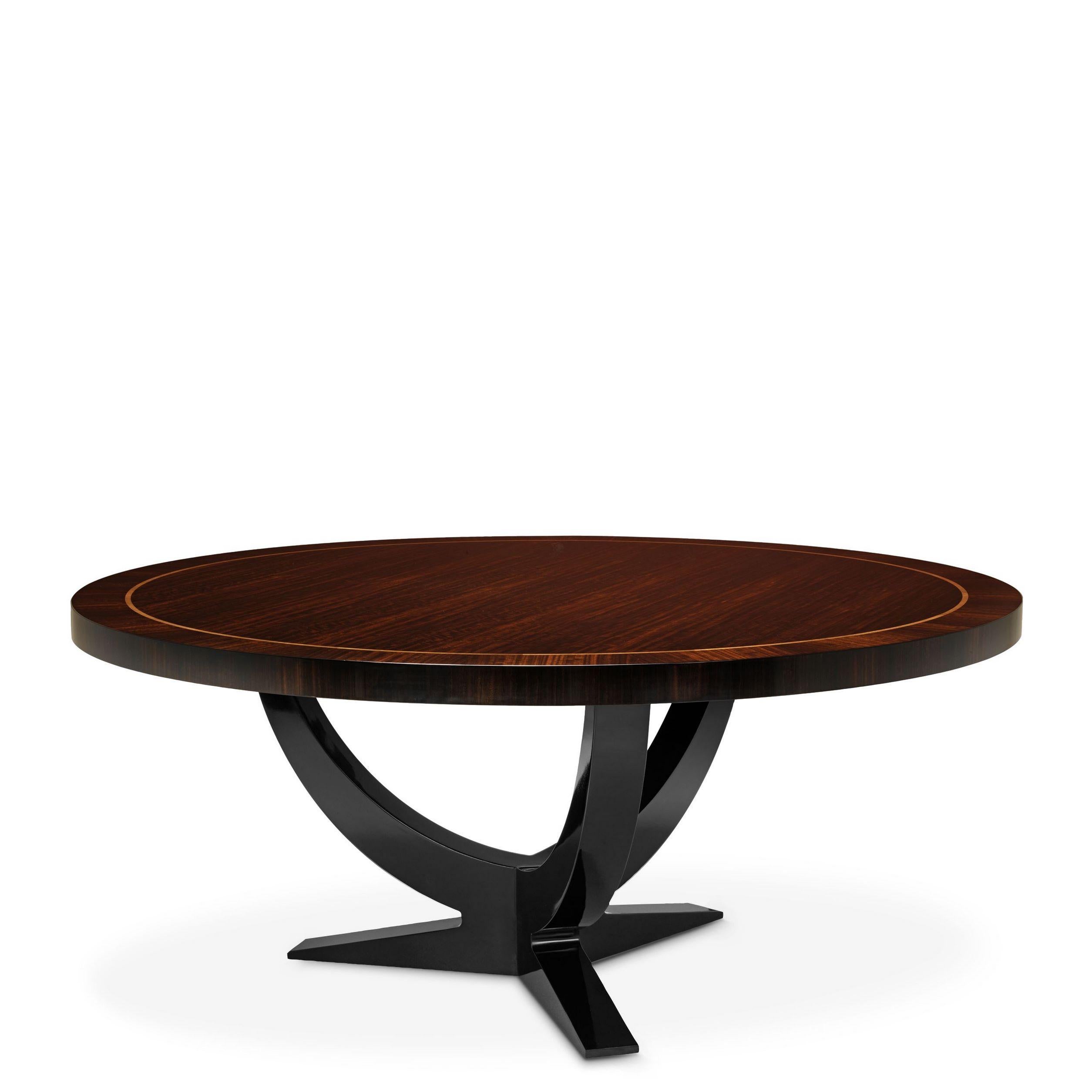 Contemporary French Art Deco Design Black Lacquer and Mahogany Wooden Pedestal Dining Table