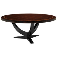 French Art Deco Design Black Lacquer and Mahogany Wooden Pedestal Dining Table