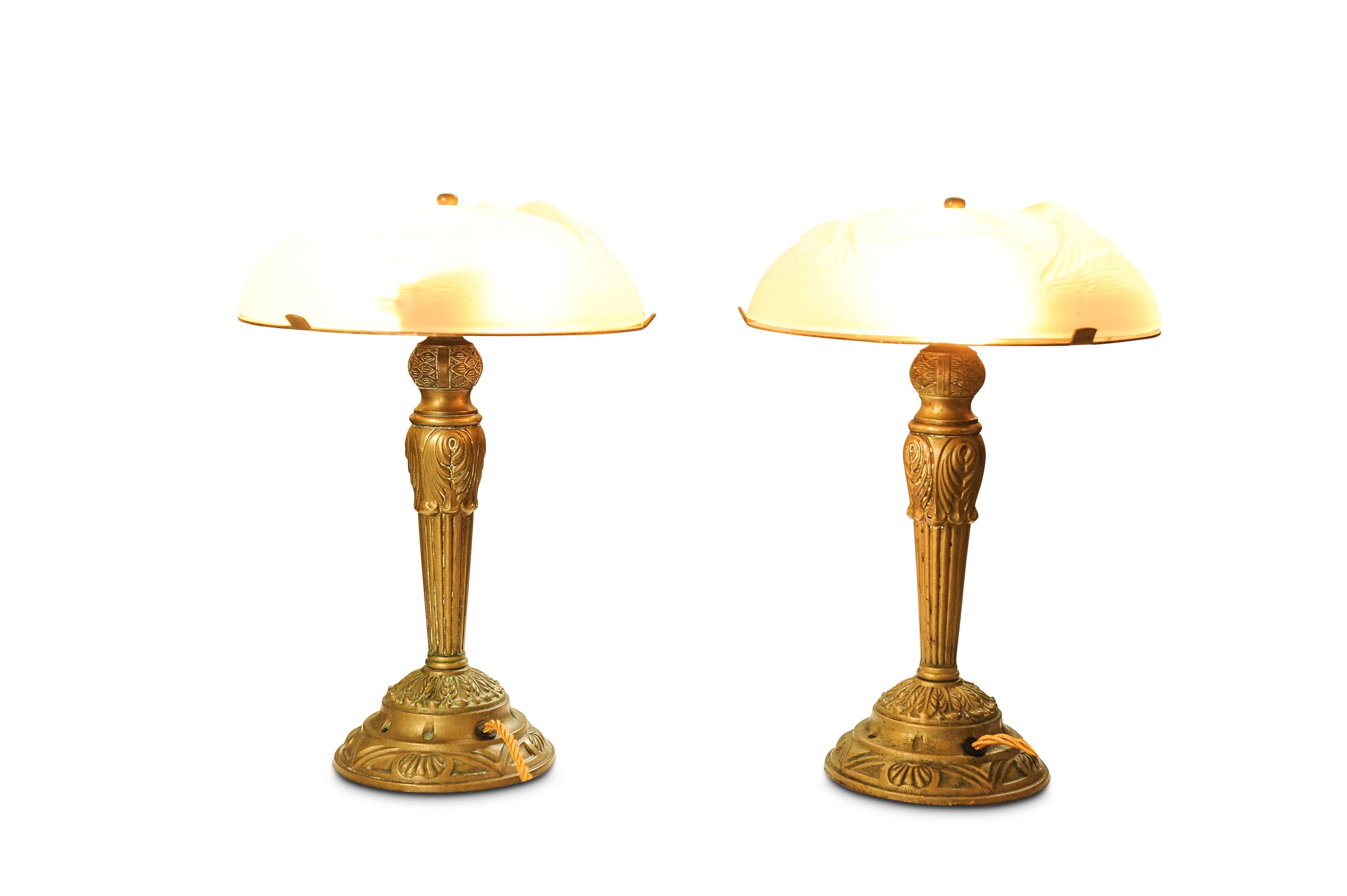 20th Century French Art Deco Design Frosted Glass & Brass Table Lamps Style Of Léon Hugue For Sale