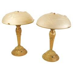 French Art Deco Design Frosted Glass & Brass Table Lamps Style Of Léon Hugue
