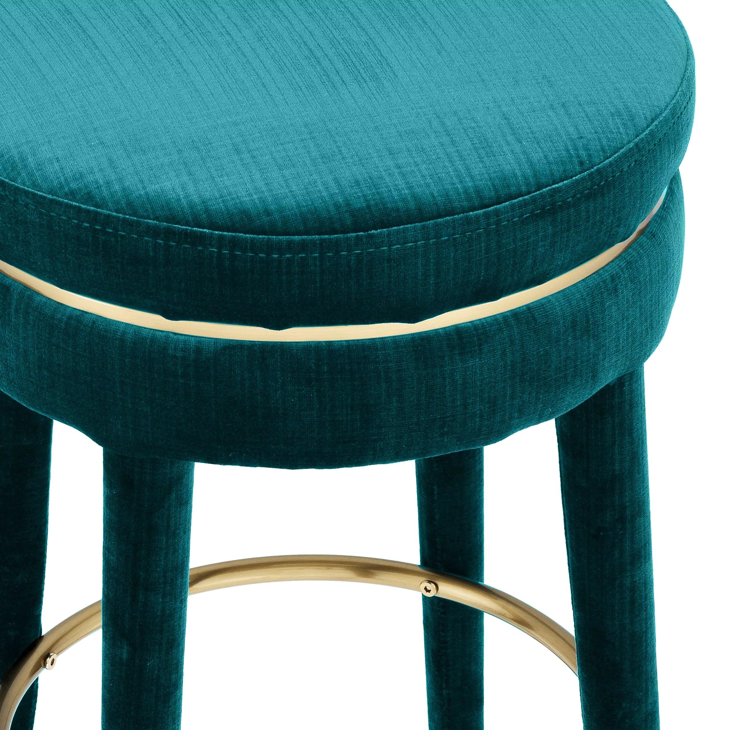 French 1930s-1940s Design Style All In Blue Velvet And Brass Finishes Round Shaped Counter Stool.