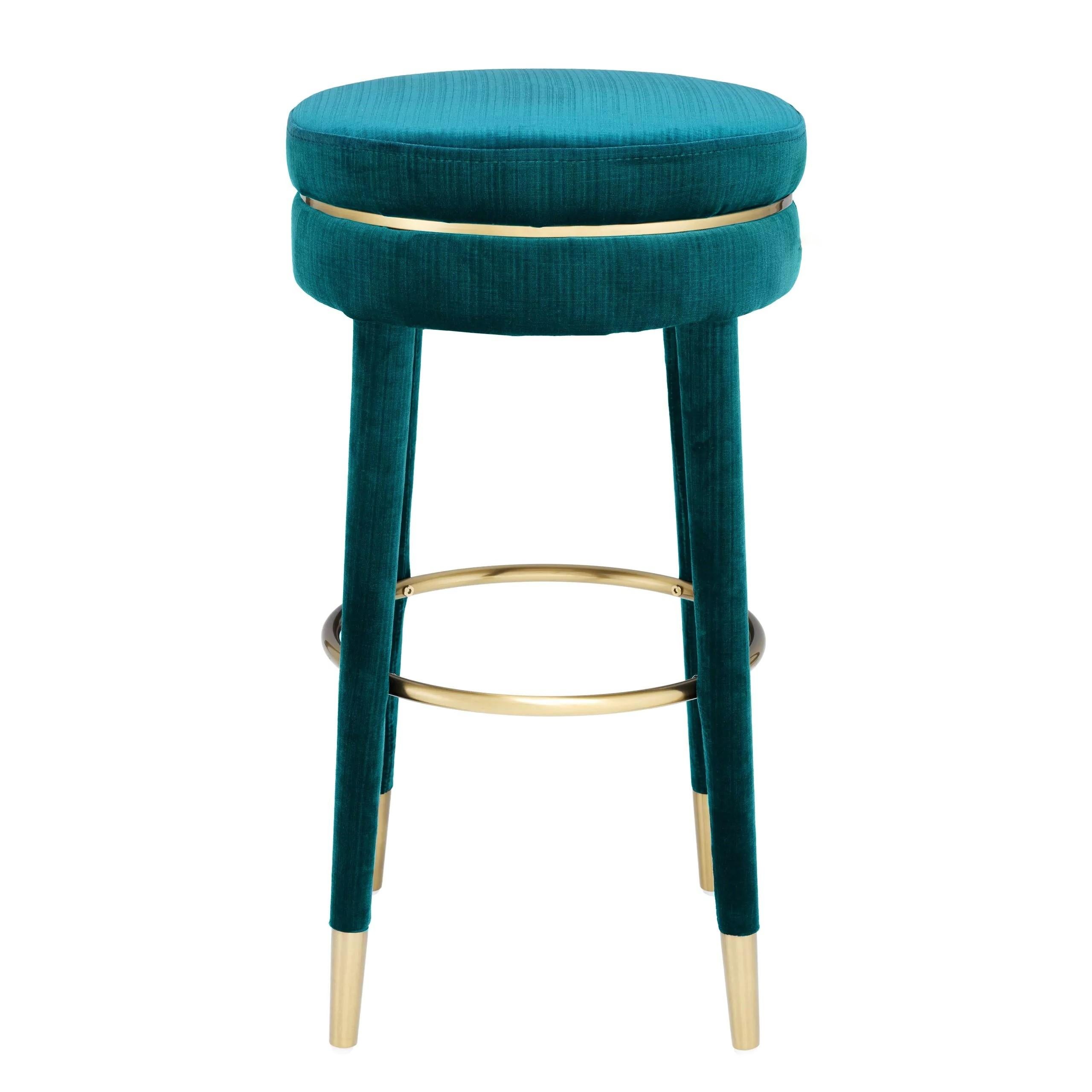 Contemporary French Art Deco Design Style All In Blue Velvet And Brass Finishes Counter Stool
