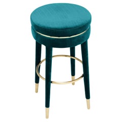 French Art Deco Design Style All In Blue Velvet And Brass Finishes Counter Stool