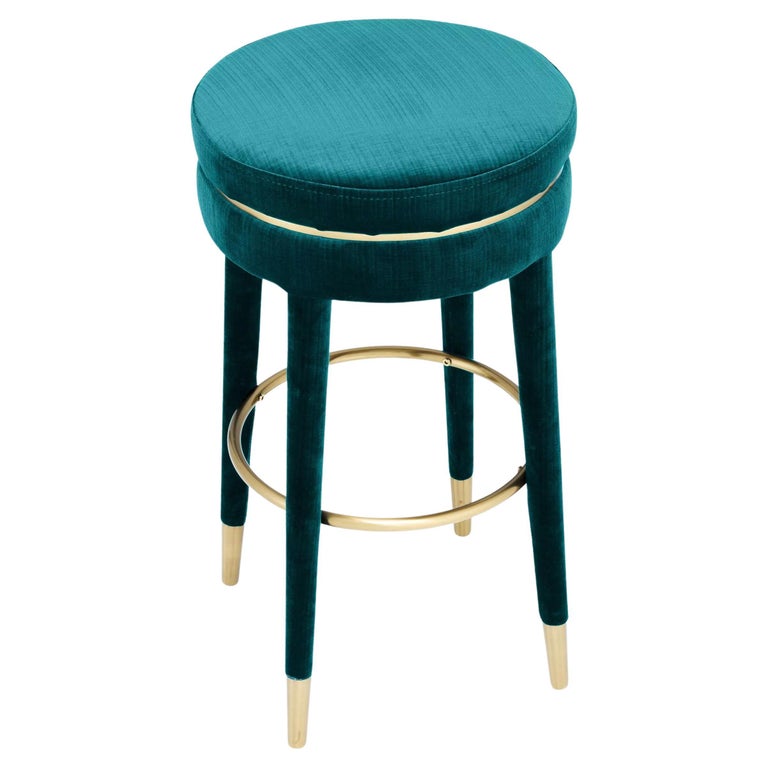 French Art Deco Design Style All In Blue Velvet And Brass Finishes Counter Stool For At 1stdibs Brass Finishes Counter Stool, Vanity Art Counter Stools