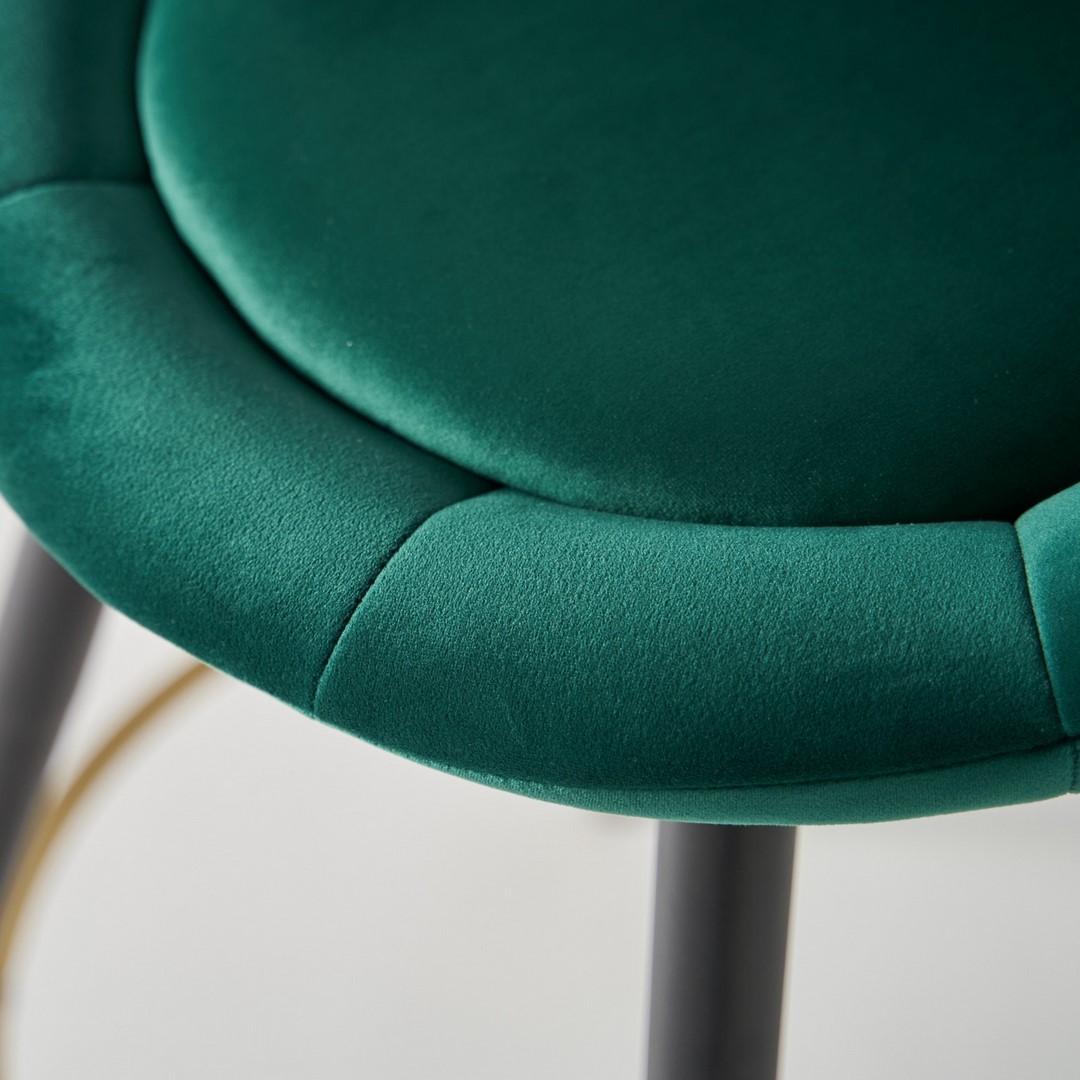 French Art Deco Design style green velvet shell shaped seat black metal feet and brass finishes bar stool.