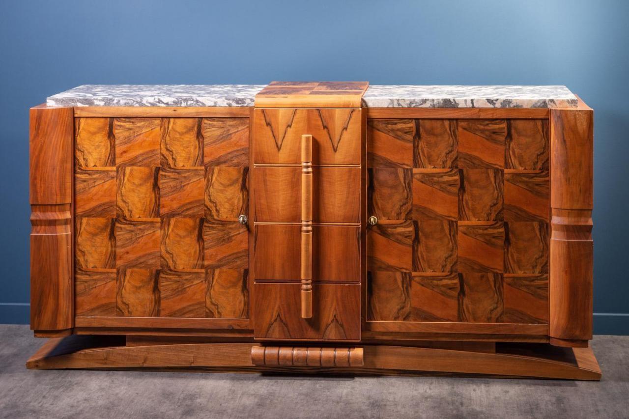 French Art Deco Design Walnut and Marble Sideboard 6