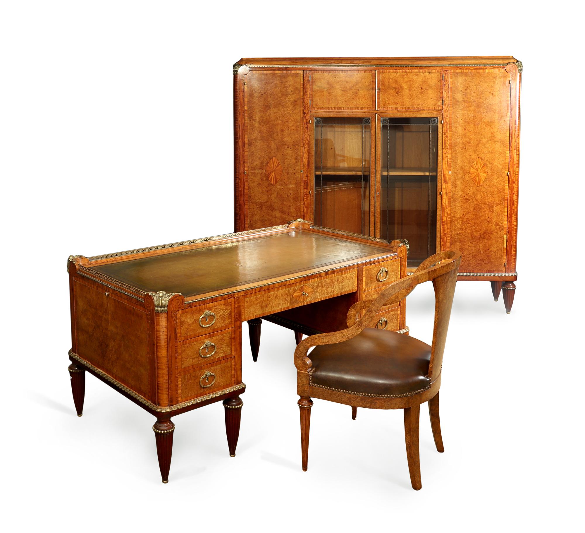 Early 20th Century French Art Deco Desk, Chair and Bookcase by Maurice Dufrene