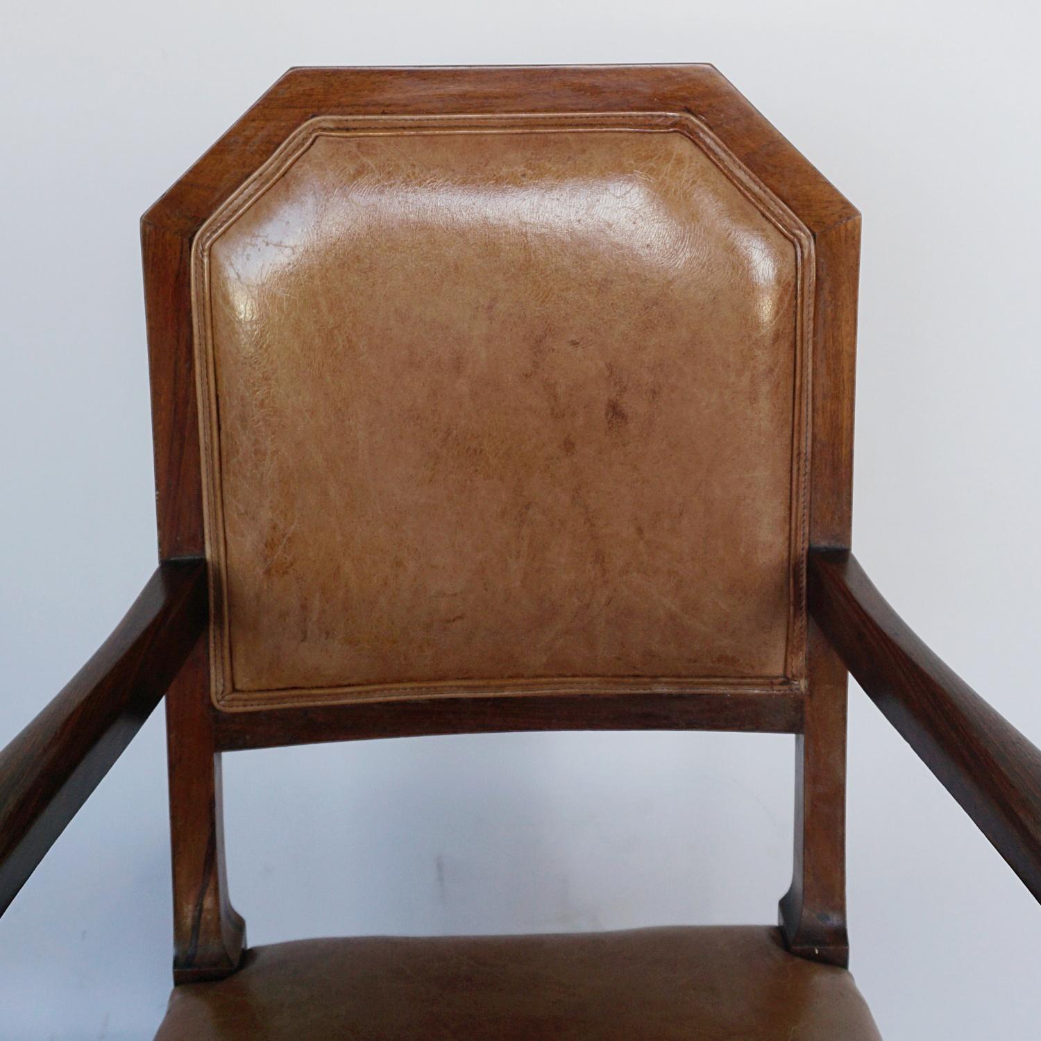 Early 20th Century French Art Deco Desk Chair Walnut and Leather, Circa 1925