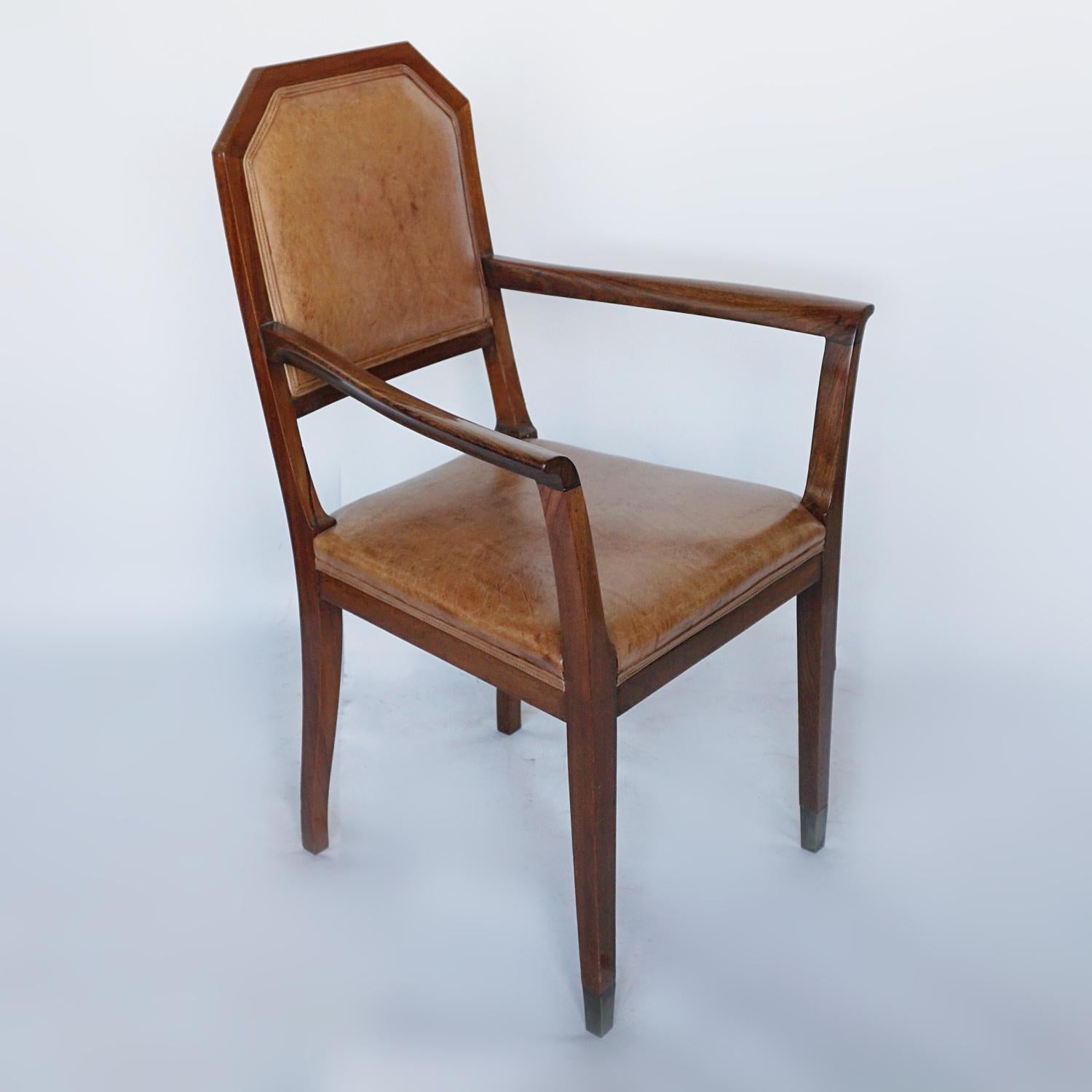 French Art Deco Desk Chair Walnut and Leather, Circa 1925 1