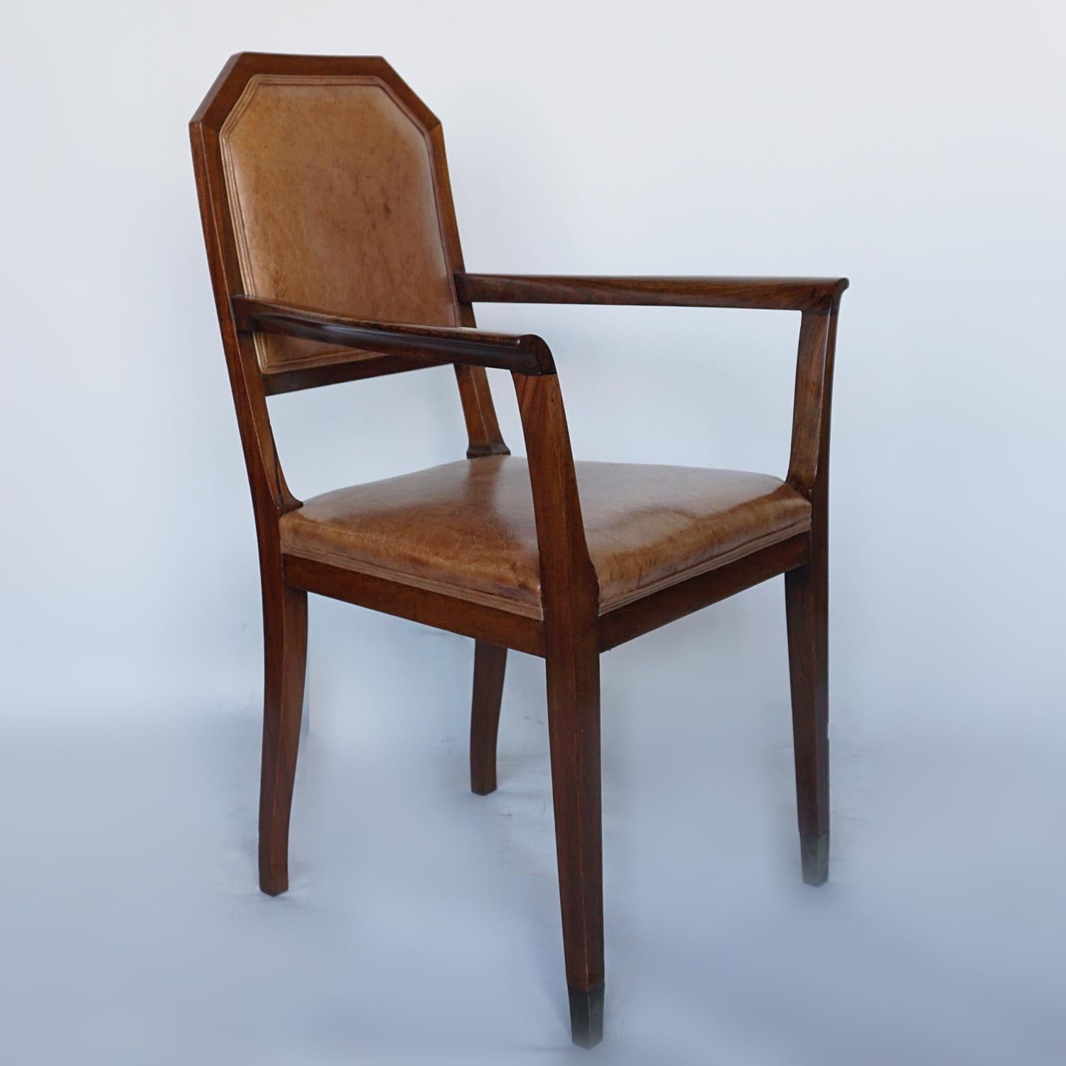 French Art Deco Desk Chair Walnut and Leather, Circa 1925 2