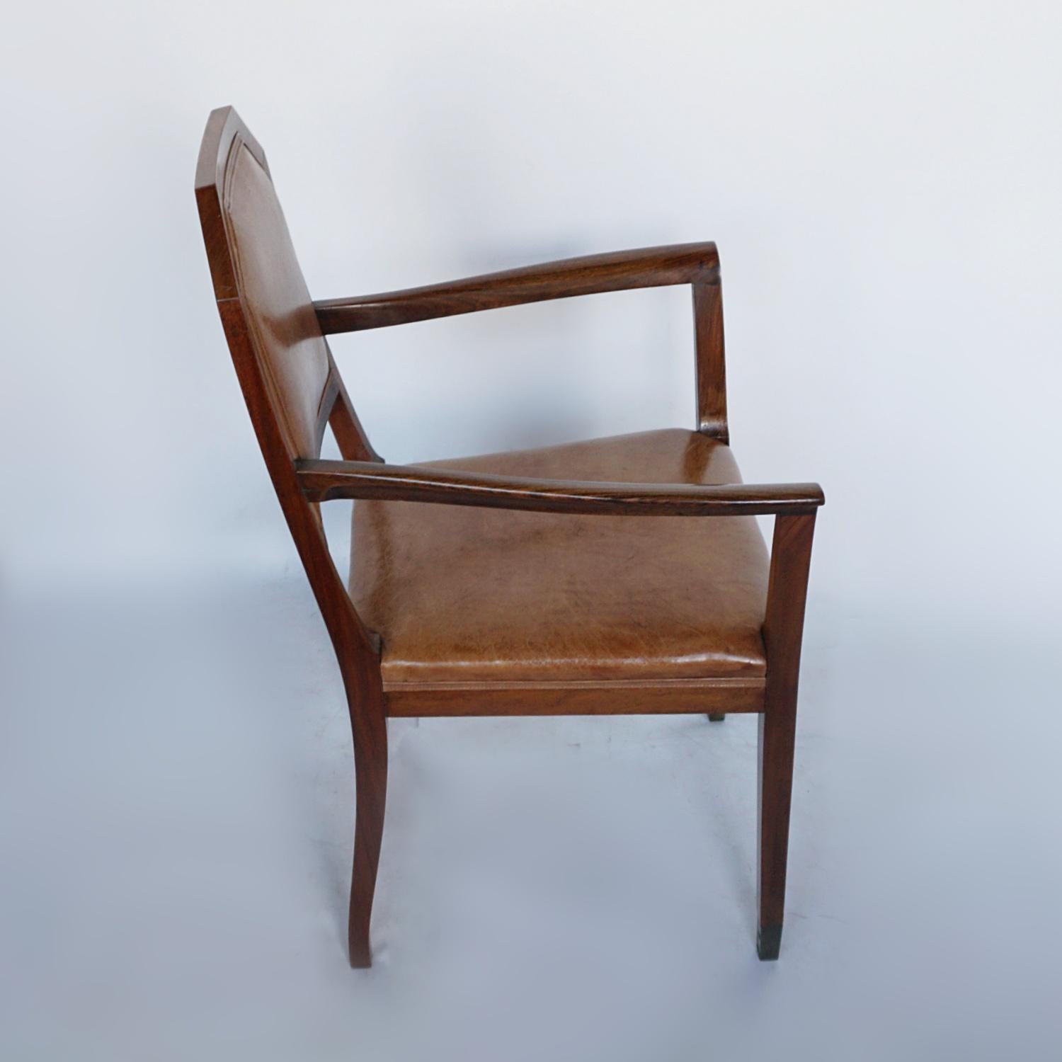 French Art Deco Desk Chair Walnut and Leather, Circa 1925 3