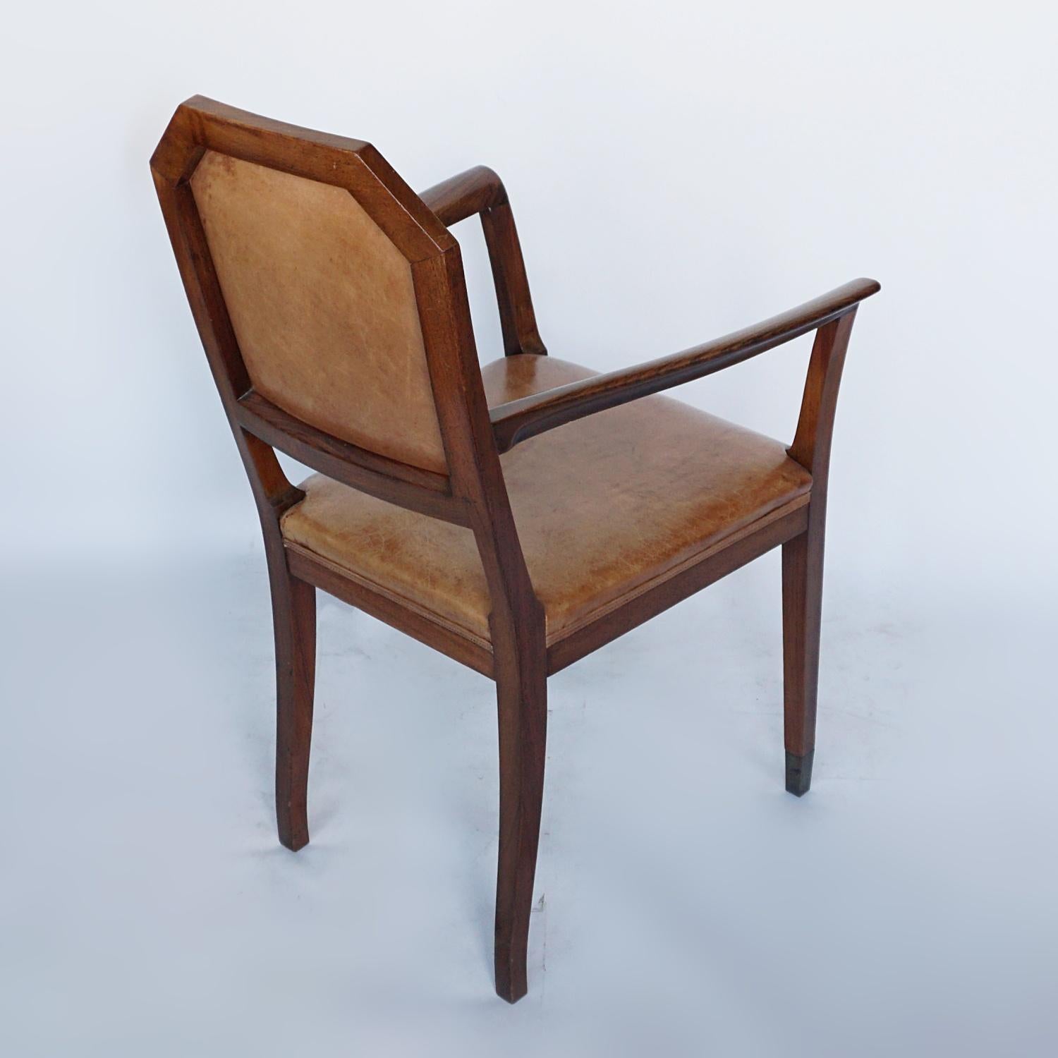 French Art Deco Desk Chair Walnut and Leather, Circa 1925 4