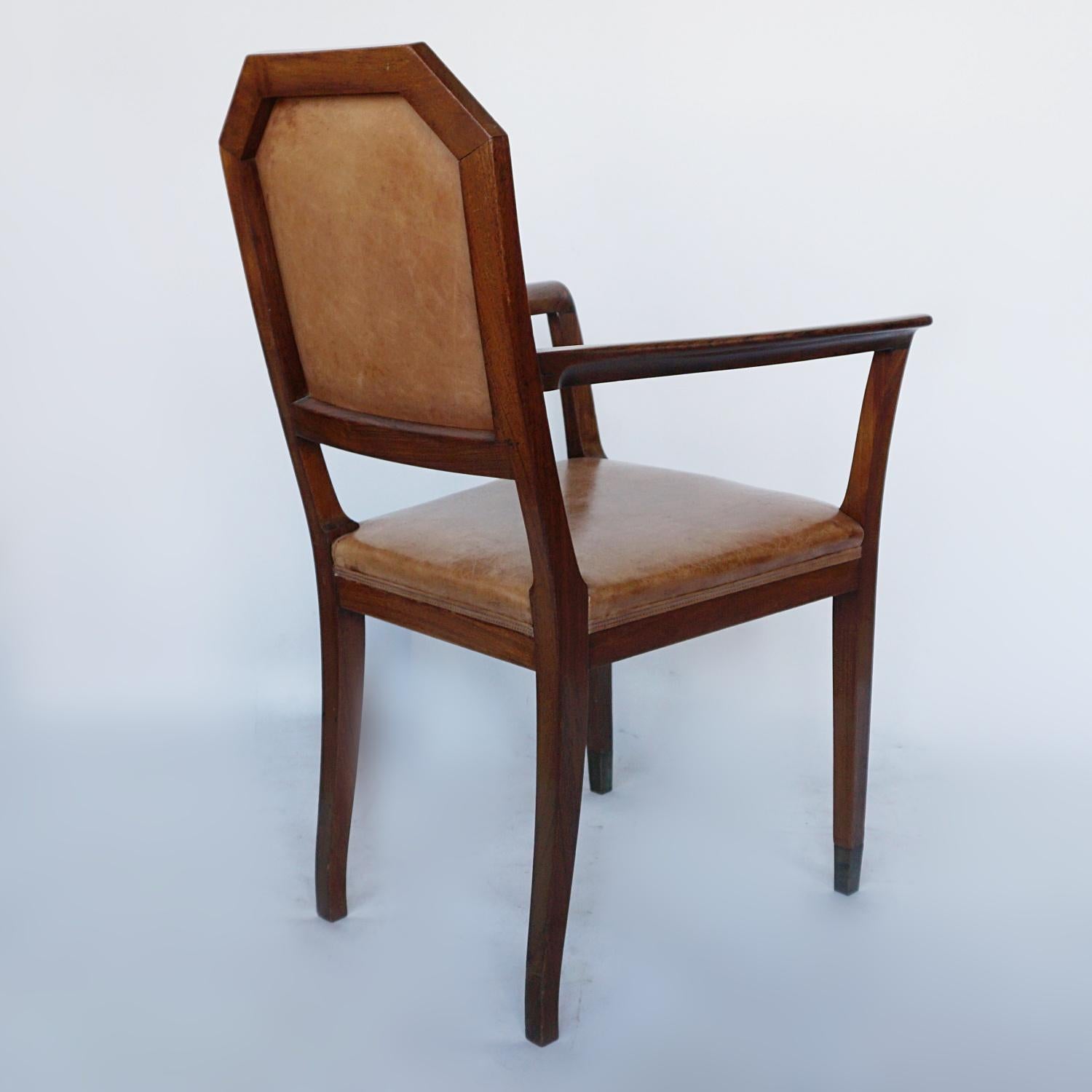 French Art Deco Desk Chair Walnut and Leather, Circa 1925 5