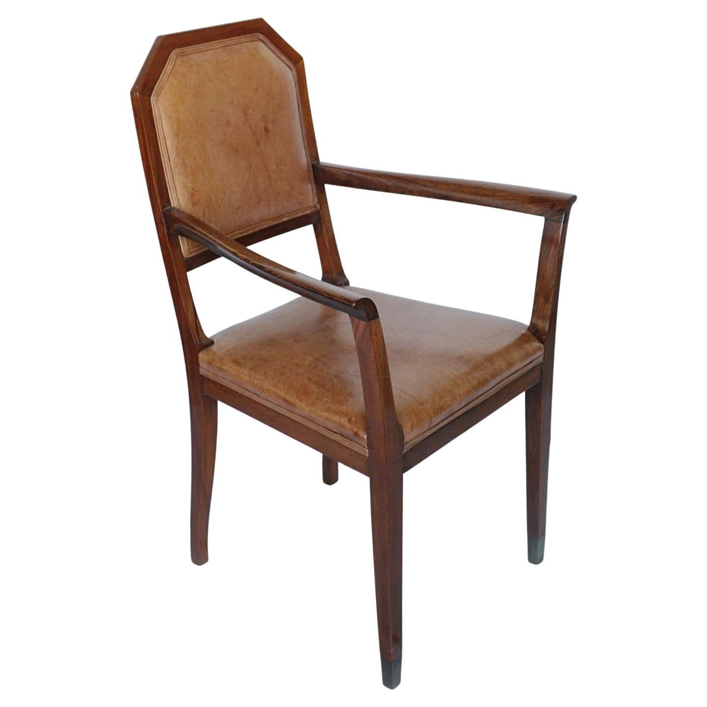 French Art Deco Desk Chair Walnut and Leather, Circa 1925