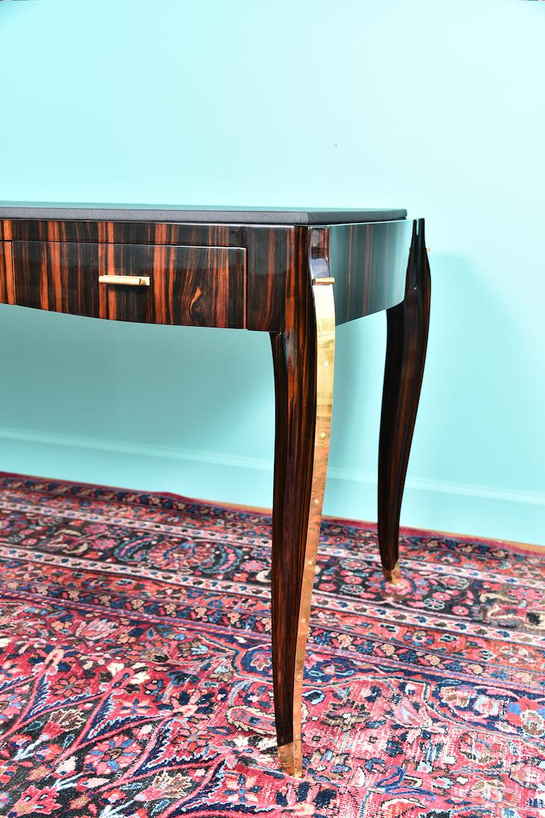 Brass French Art Deco Desk in Macassar with Leather Top