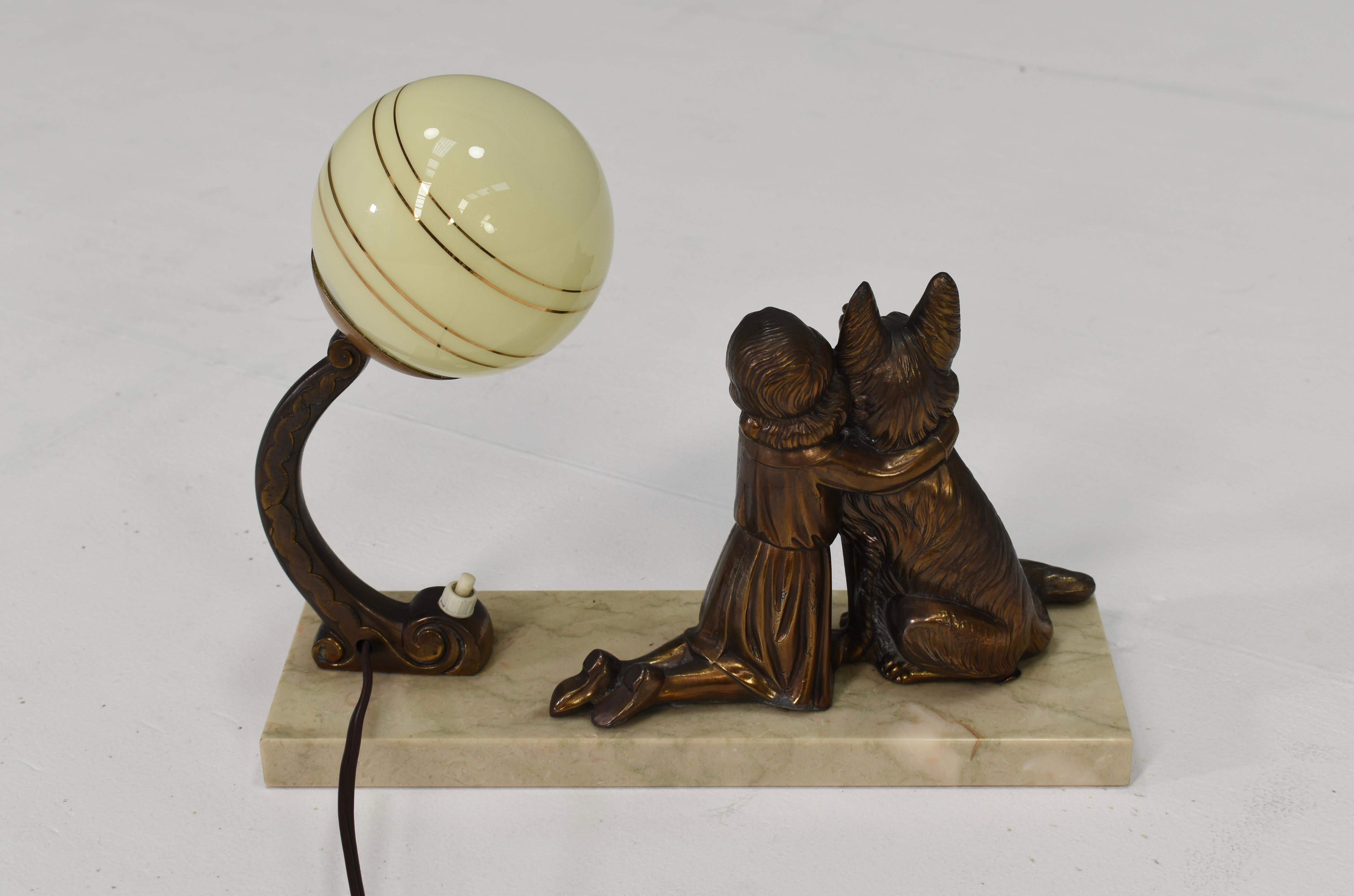 Glass French Art Deco Desk Table Lamp Girl and German Shepherd Sculpture, circa 1930 For Sale