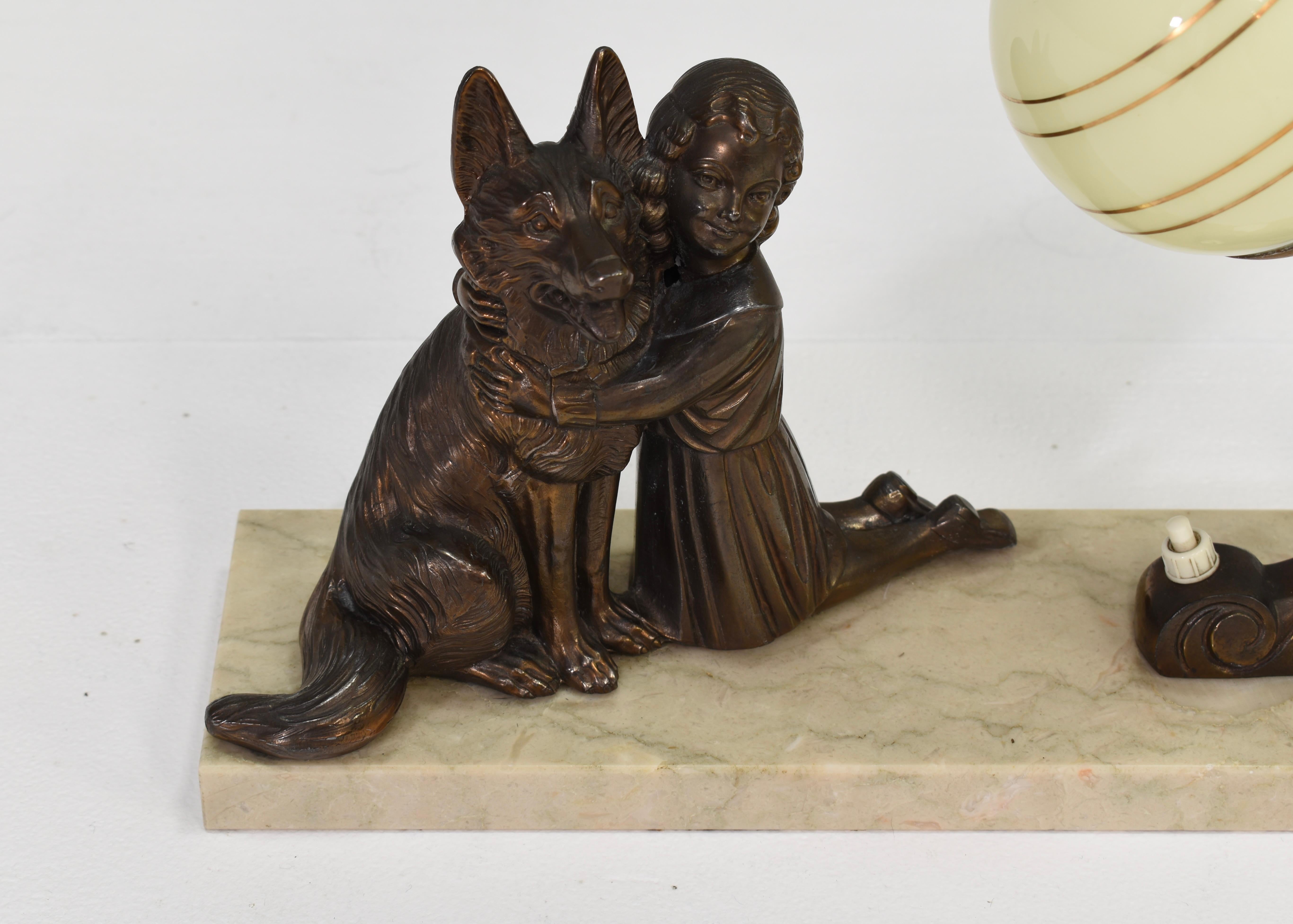 French Art Deco Desk Table Lamp Girl and German Shepherd Sculpture, circa 1930 For Sale 2