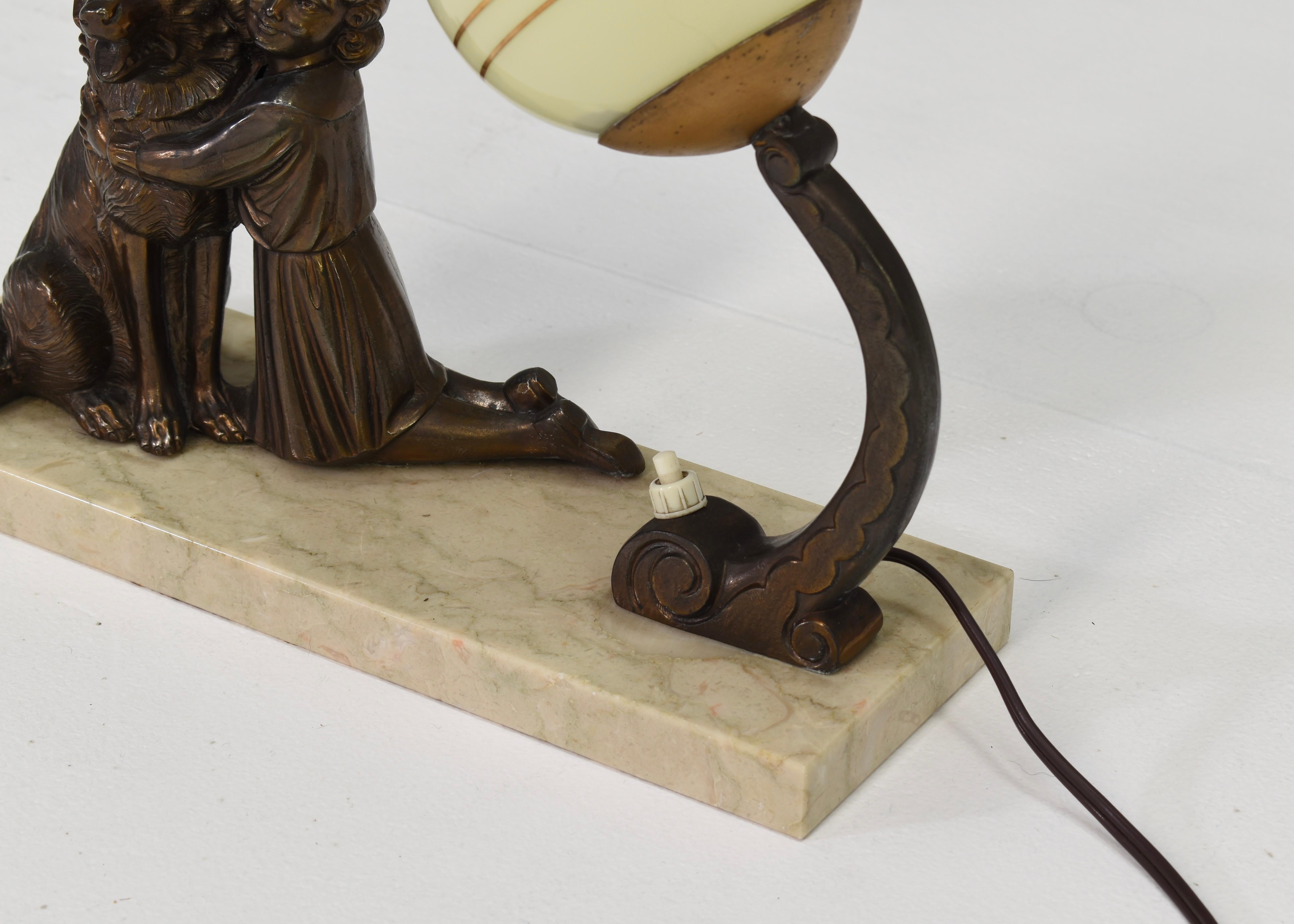 French Art Deco Desk Table Lamp Girl and German Shepherd Sculpture, circa 1930 For Sale 3