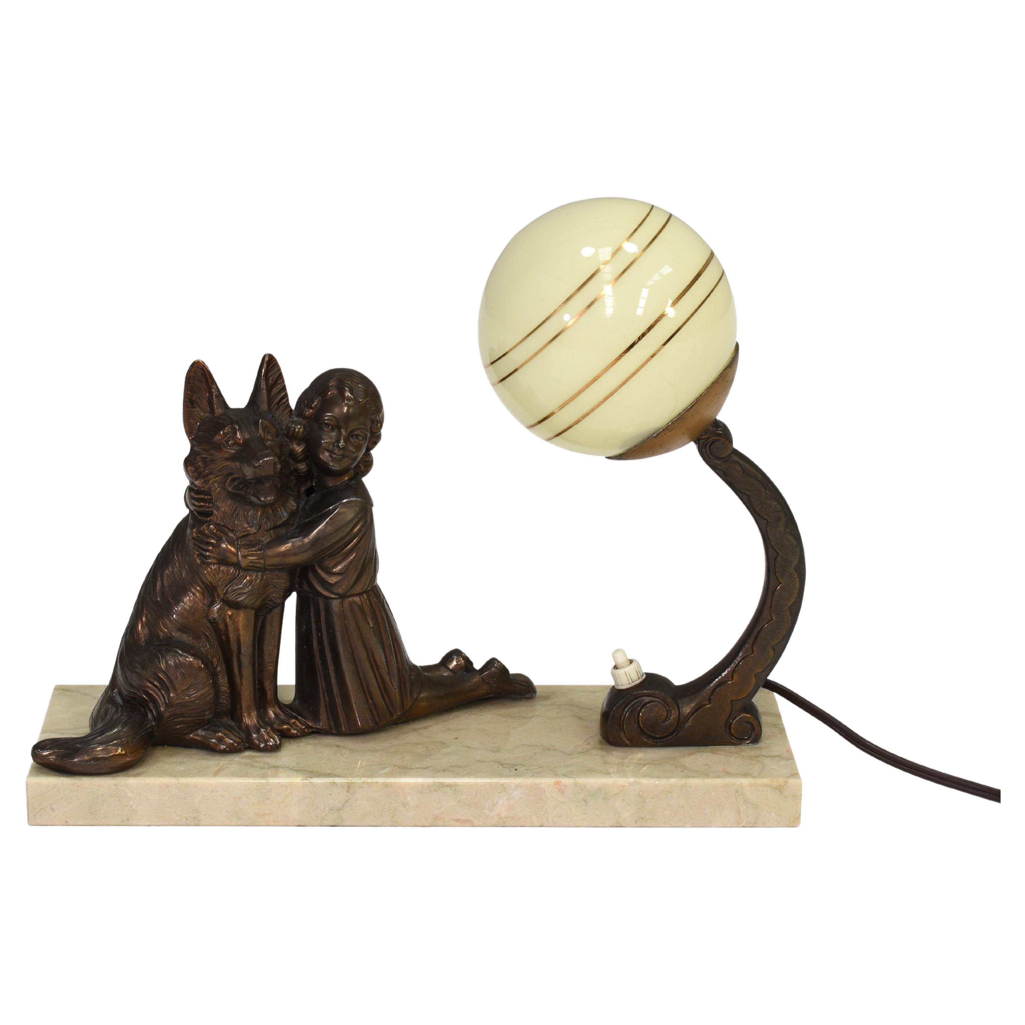 French Art Deco Desk Table Lamp Girl and German Shepherd Sculpture, circa 1930 For Sale