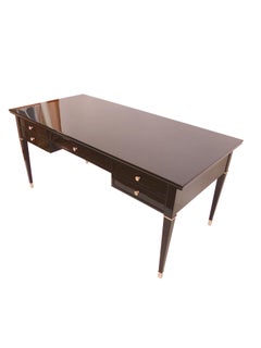 French Art Deco Desk with Thin Drawers and Metal Sabots in Black Piano Lacquer