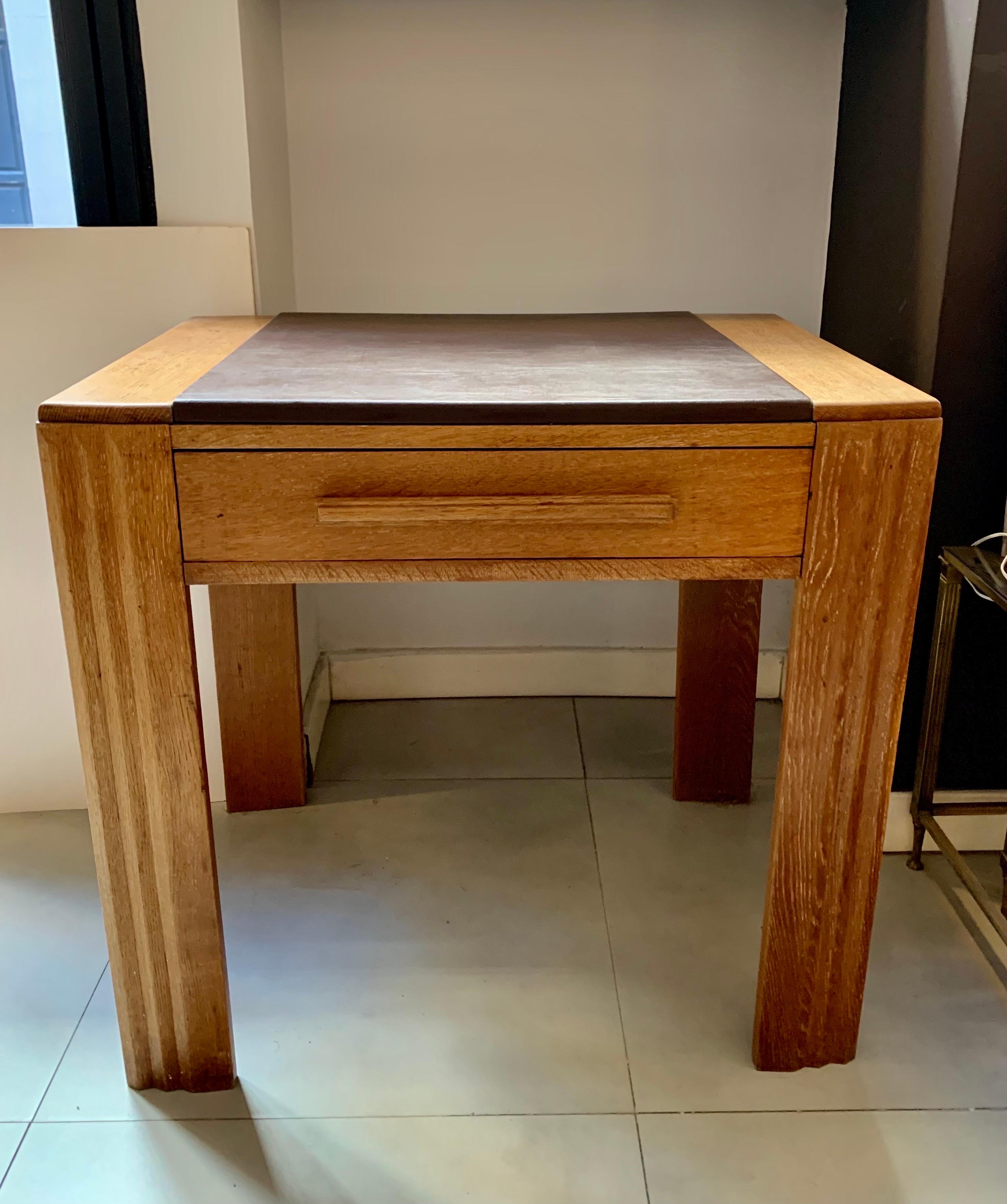French Art Deco Desk Writing Side Table Natural Oak and Lceather Cover For Sale 9