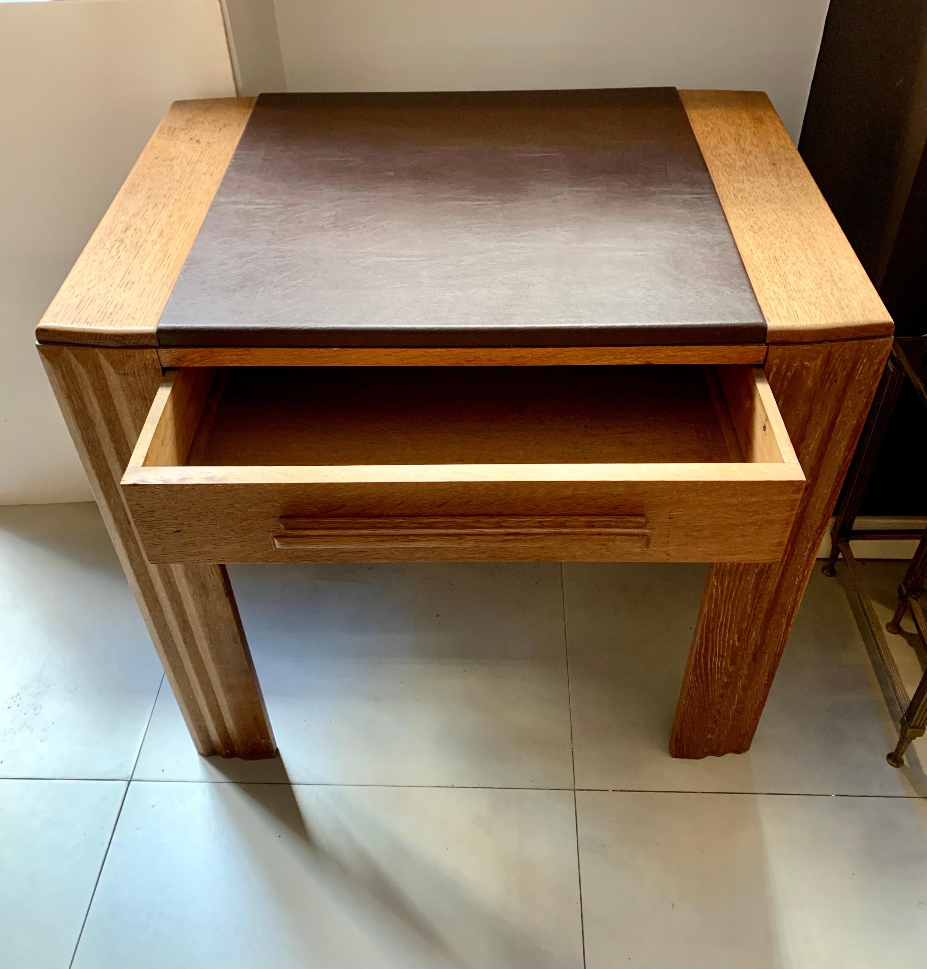 French Art Deco Desk Writing Side Table Natural Oak and Lceather Cover For Sale 12