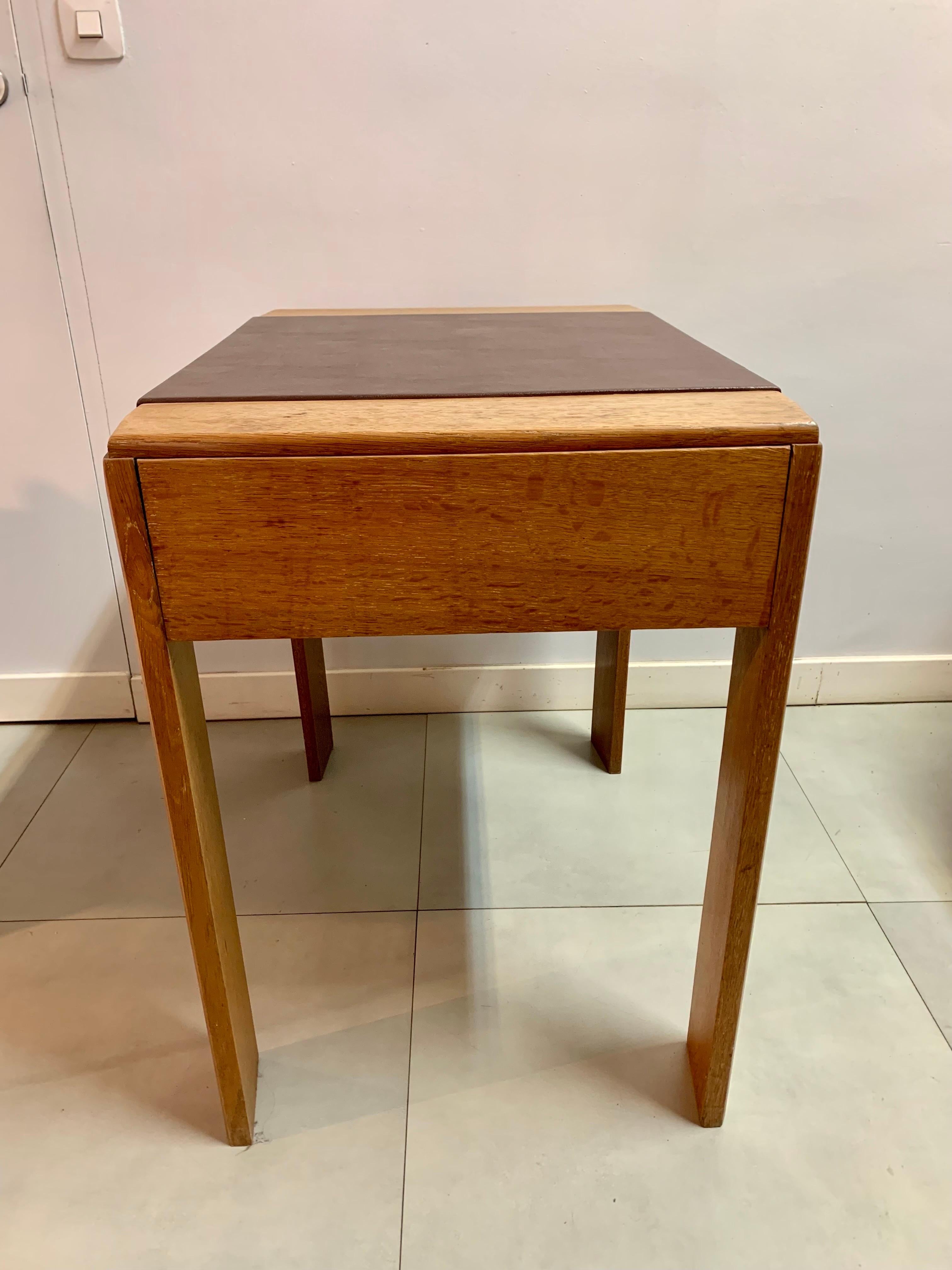 French Art Deco Desk Writing Side Table Natural Oak and Lceather Cover For Sale 1