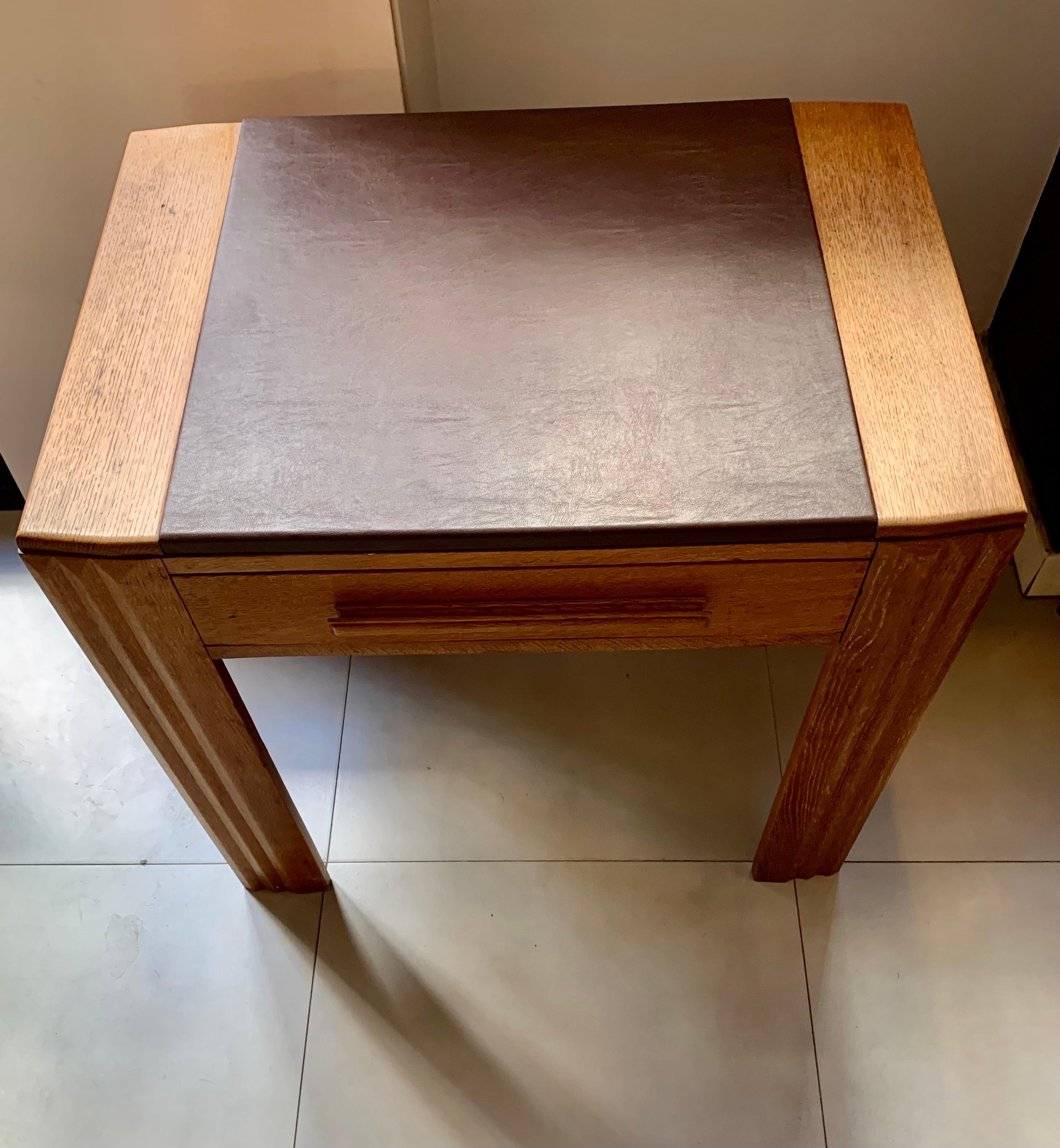 French Art Deco Desk Writing Side Table Natural Oak and Lceather Cover For Sale 4