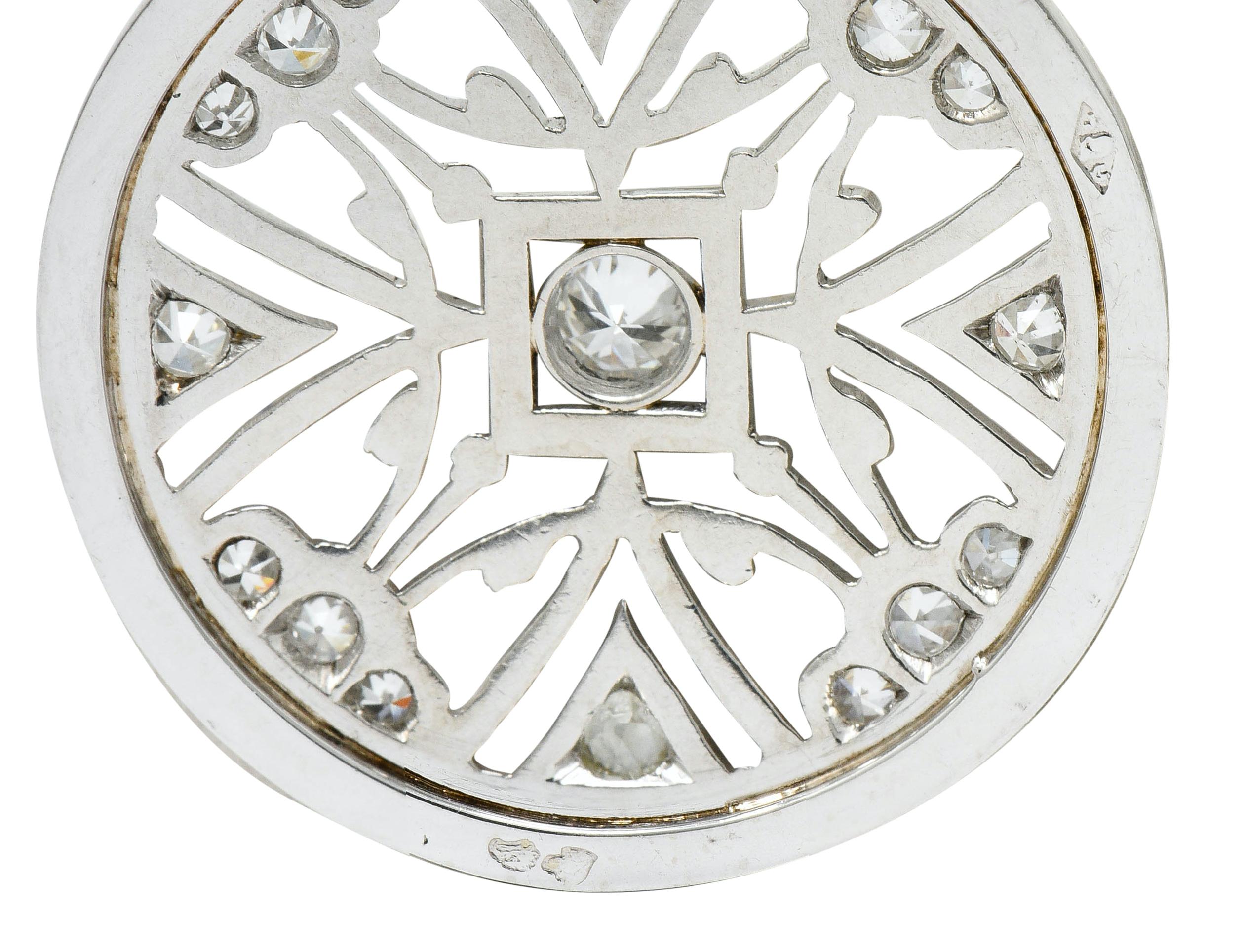 Women's or Men's French Art Deco Diamond 18 Karat White Gold Circular Pendant