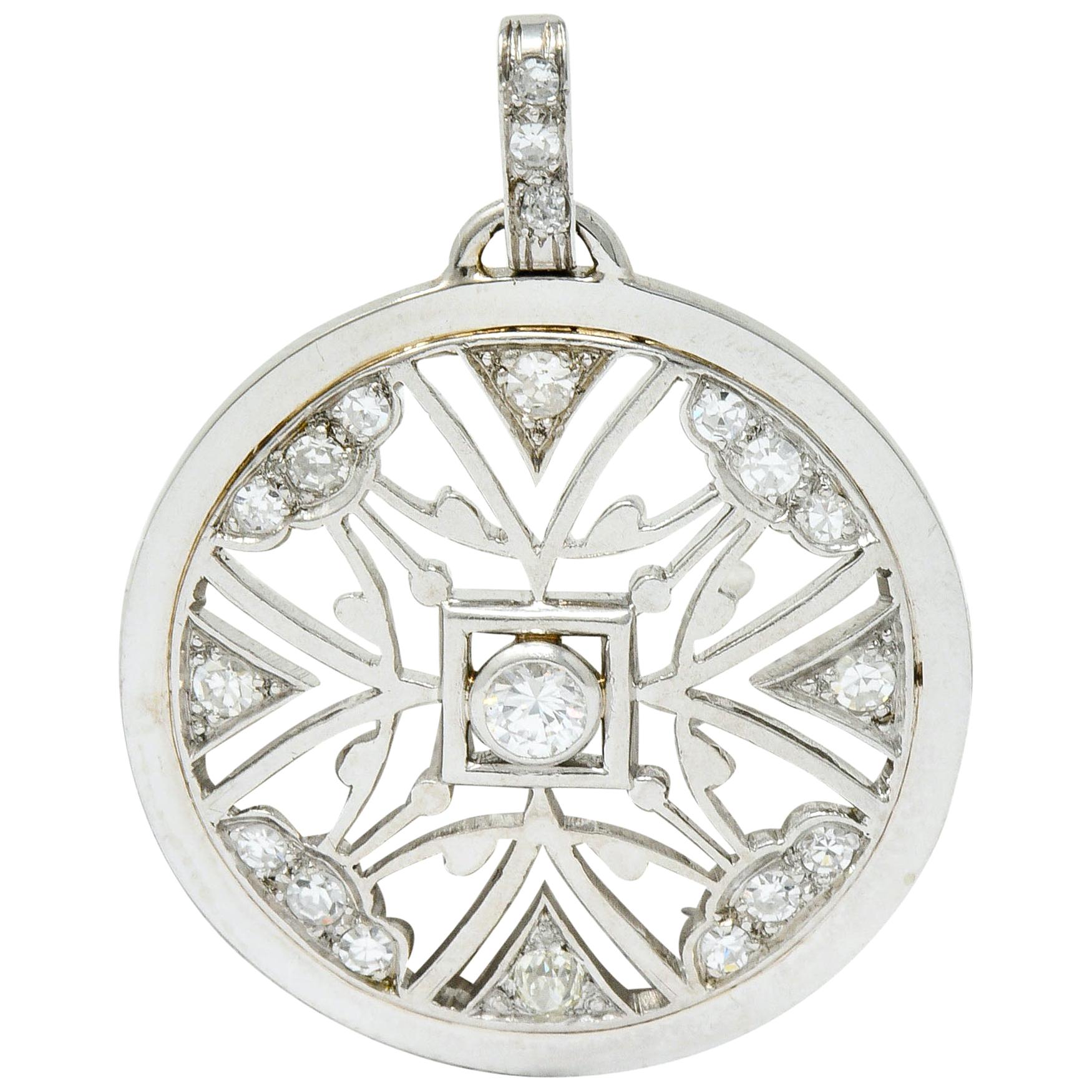French Art Deco Diamond 18 Karat White Gold Circular Pendant
