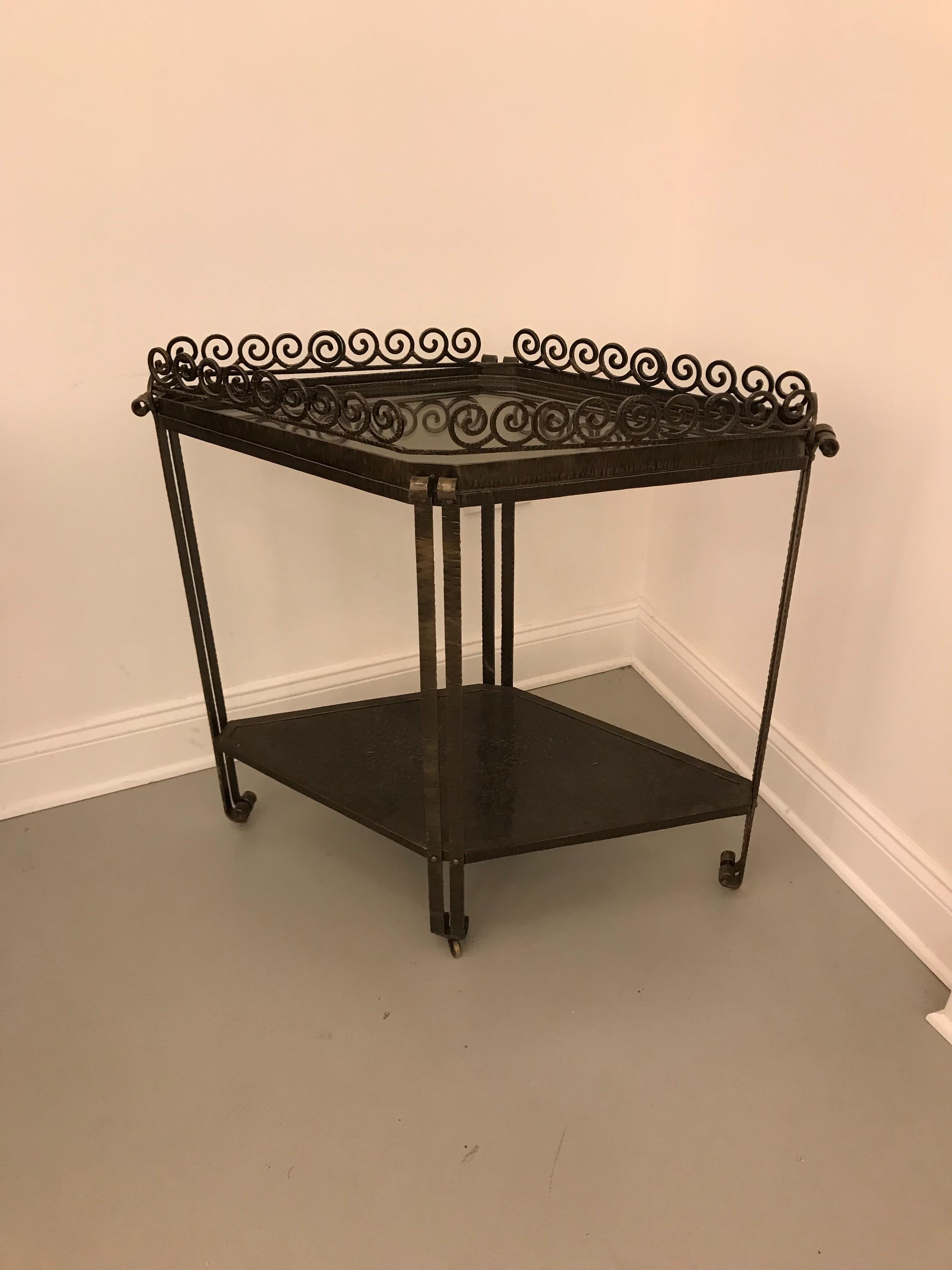 French Art Deco wrought iron diamond accent table. Having two tiers with removable glass top for serving. Beautiful hammered deco details. Dry bar or bar cart.