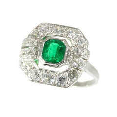 Antique French Art Deco Diamond and .54 Carat Brazilian Emerald Platinum Engagement Ring