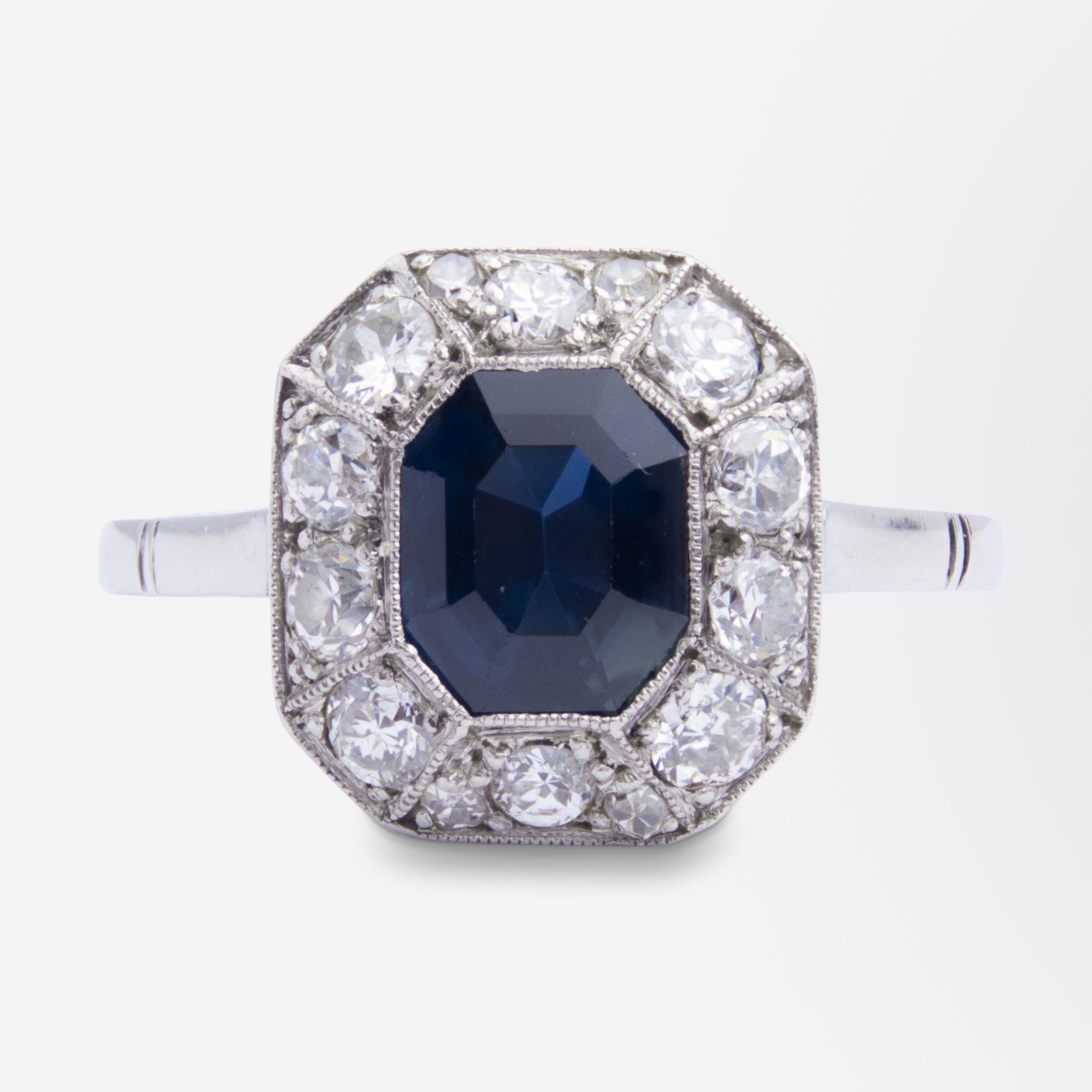 Octagon Cut French Art Deco Diamond and Australian Sapphire Ring For Sale