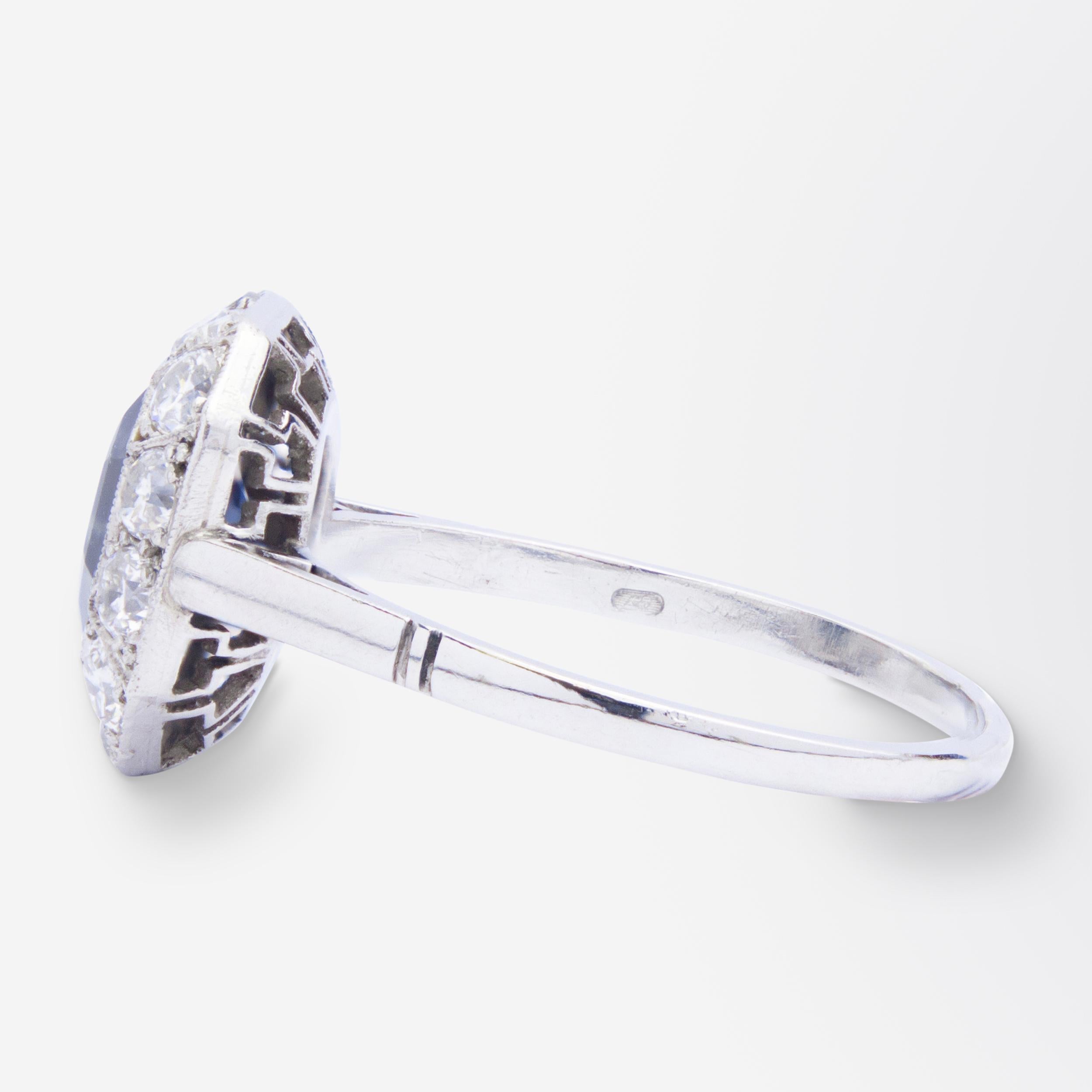 Französischer Art Deco Diamant und Australischer Saphir Ring (Achteckschliff) im Angebot