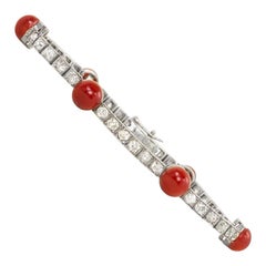 French Art Deco Diamond and Cabochon Coral Line Bracelet in Platinum