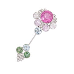 Art Deco French Multicolored Gemstone and Diamond Jabot Brooch